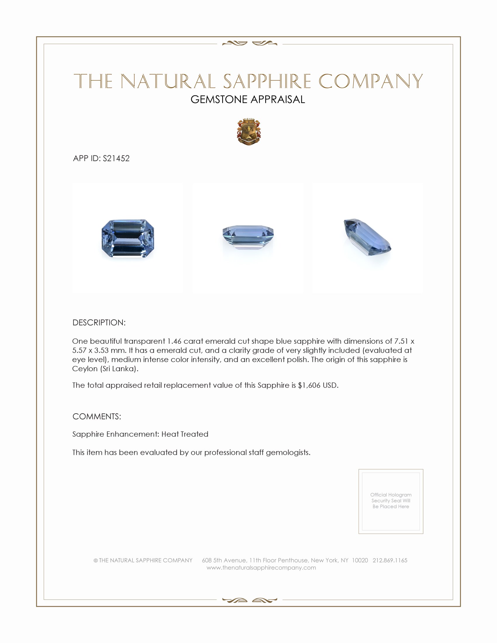 1.46 Ct. Blue Sapphire from Ceylon (Sri Lanka)