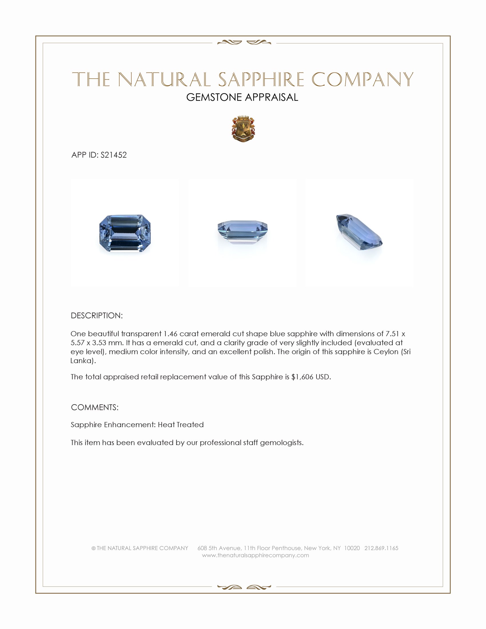1.46 Ct. Blue Sapphire from Ceylon (Sri Lanka)
