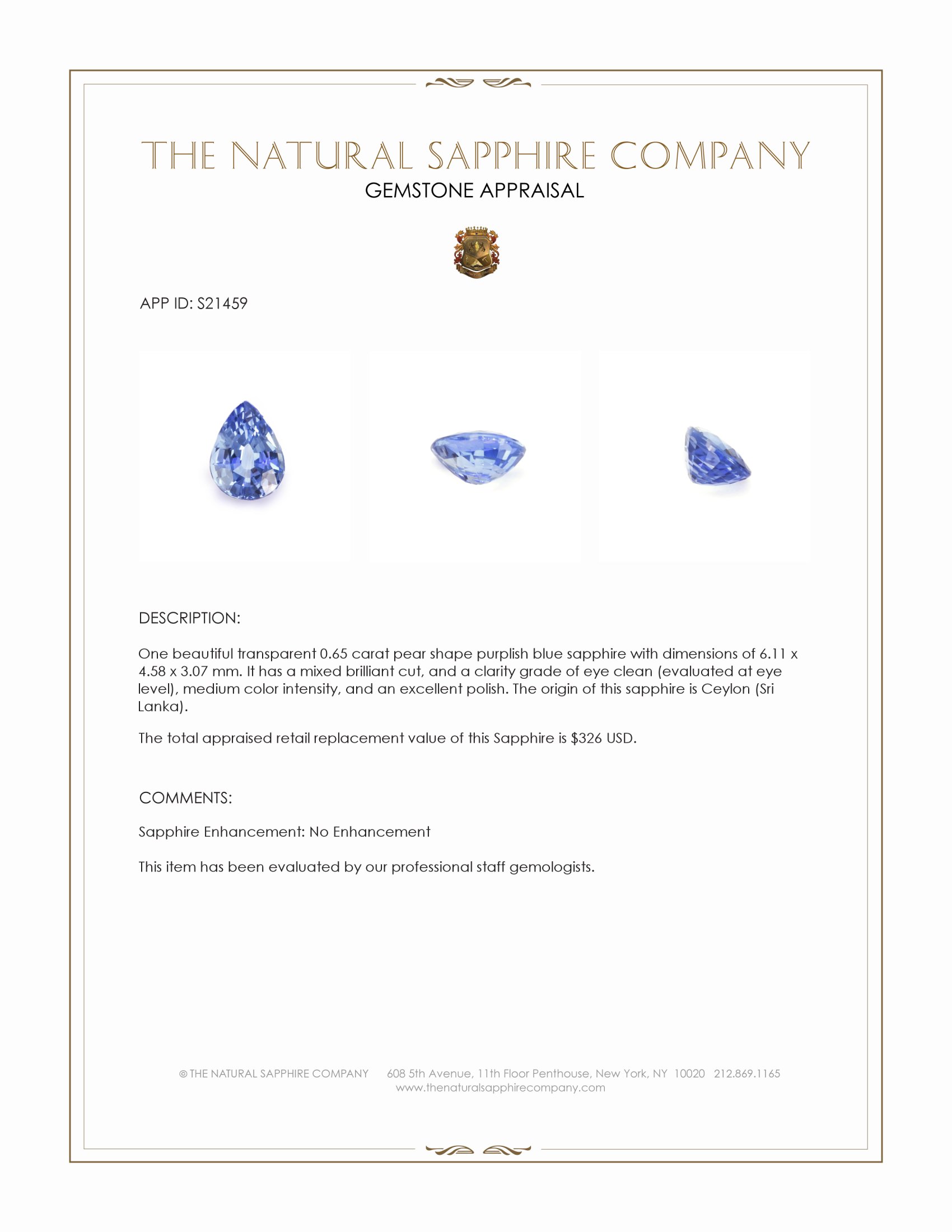 0.65 Ct. Purplish Blue Sapphire from Ceylon (Sri Lanka)