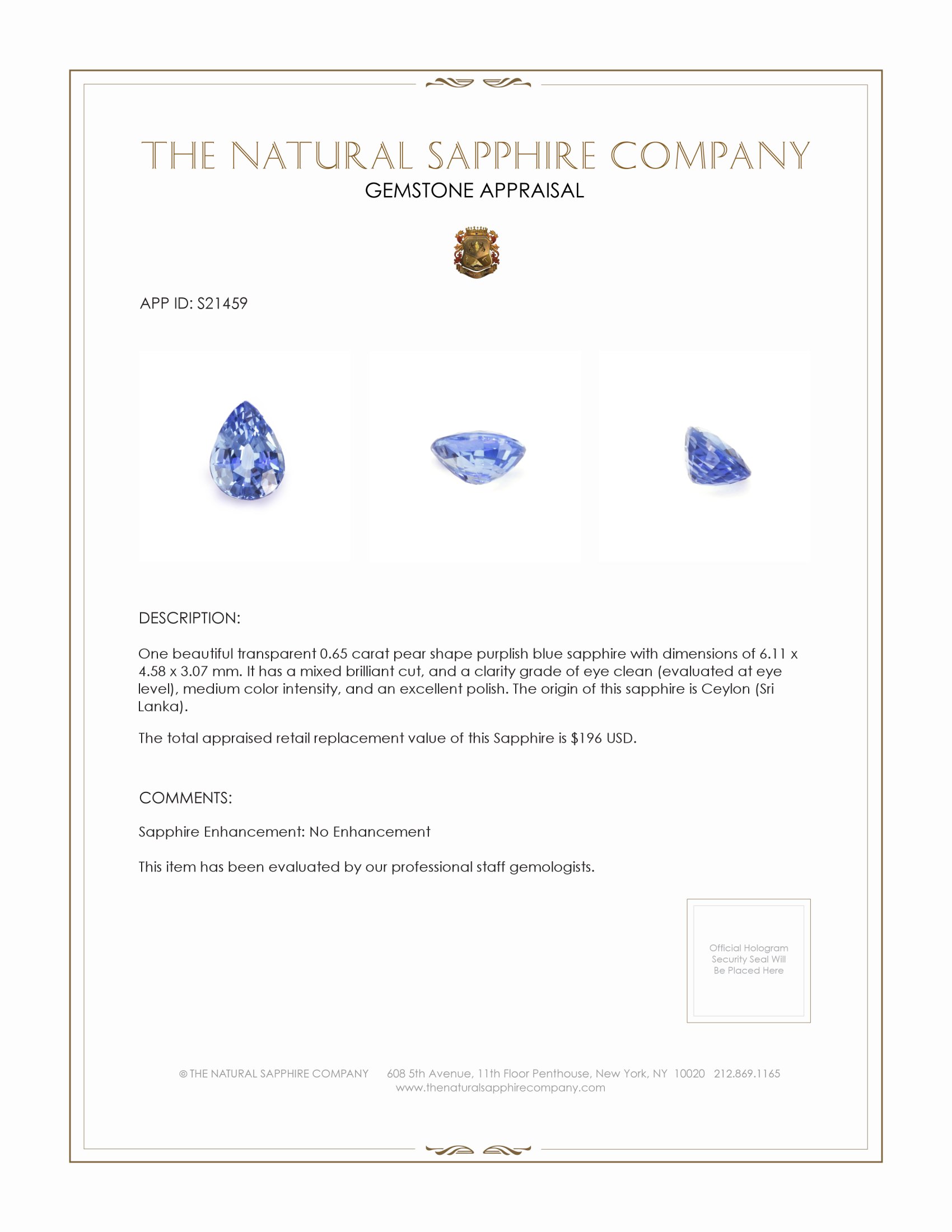 0.65 Ct. Purplish Blue Sapphire from Ceylon (Sri Lanka)