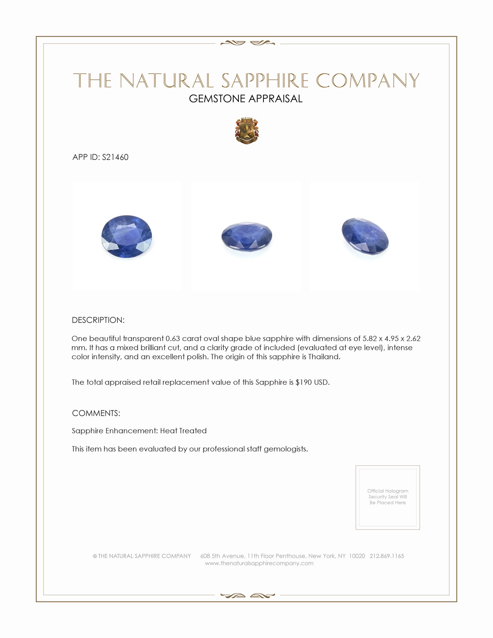 0.63 Ct. Blue Sapphire from Thailand