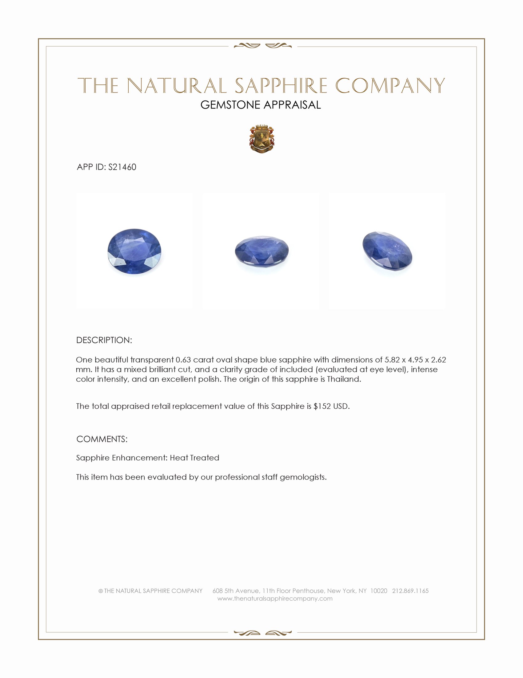 0.63 Ct. Blue Sapphire from Thailand