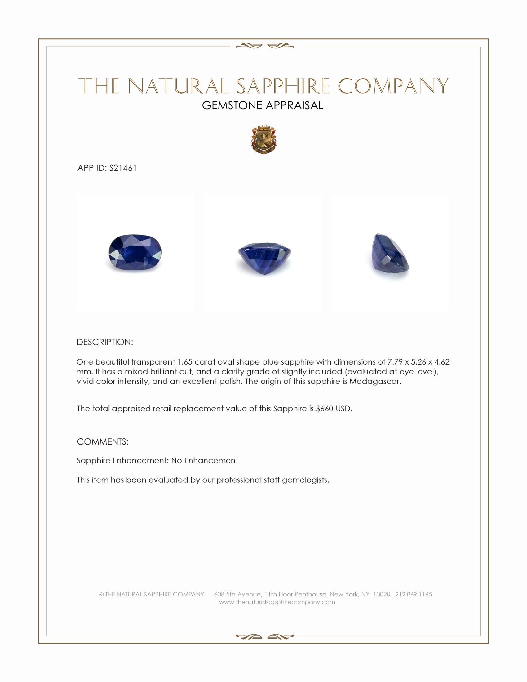 1.65 Ct. Blue Sapphire from Madagascar