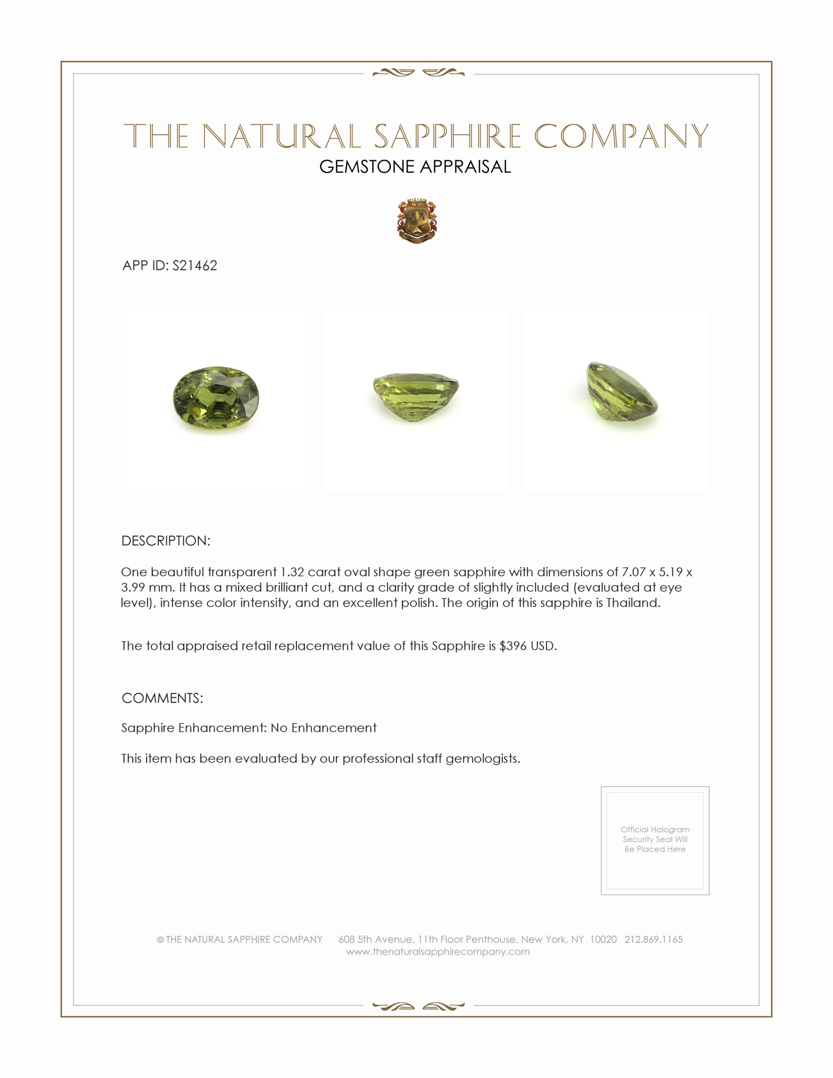 1.32 Ct. Green Sapphire from Thailand