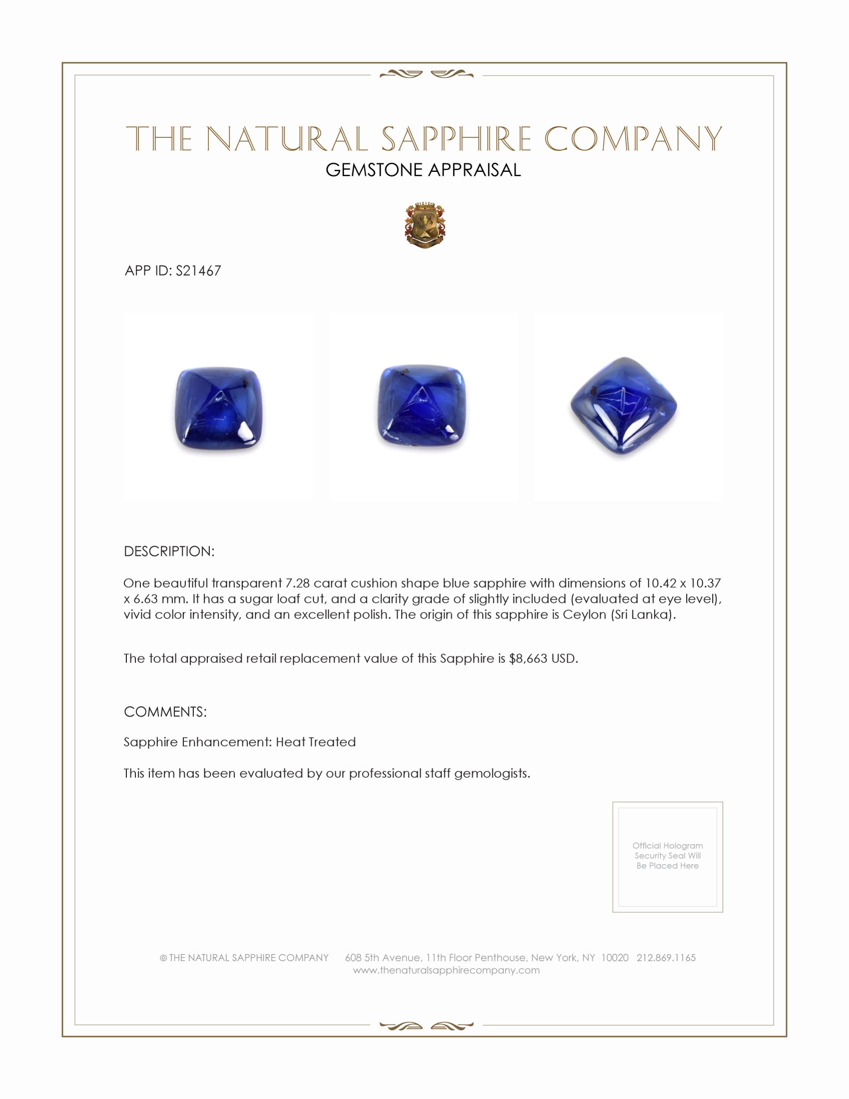 7.28 Ct. Blue Cabochon Sapphire from Ceylon (Sri Lanka)