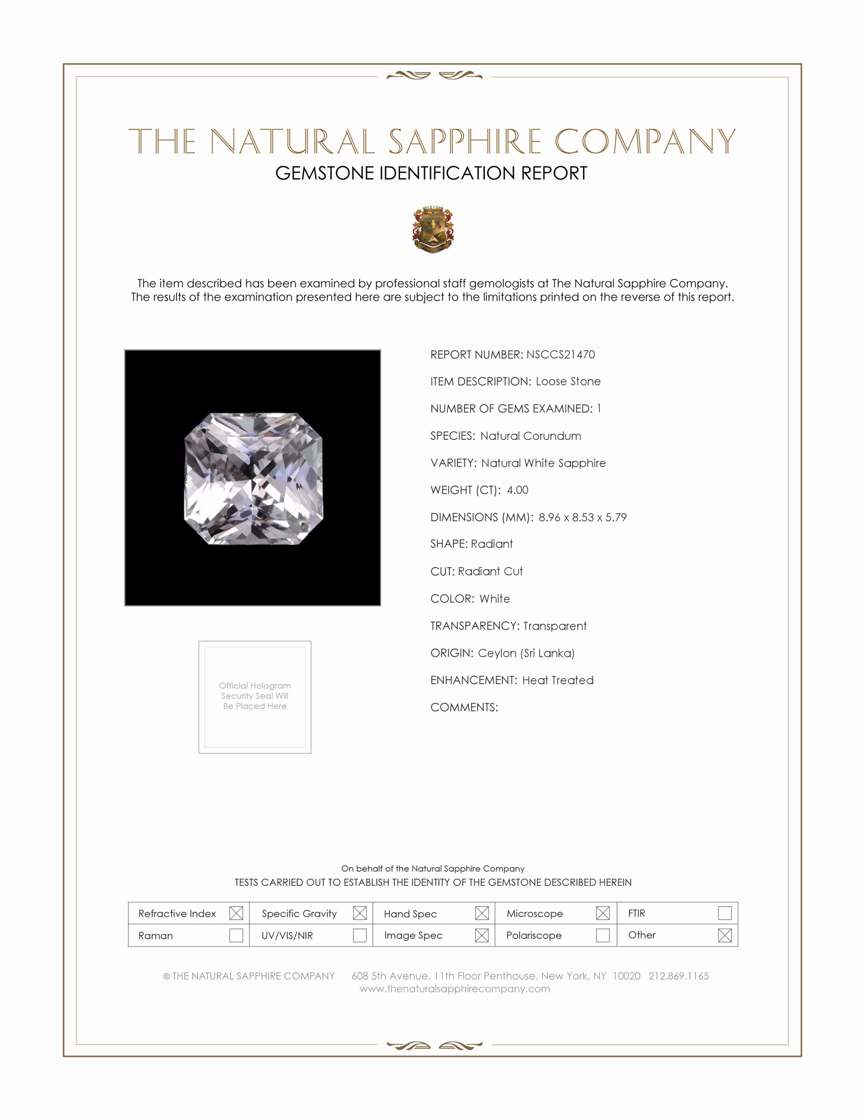 4.00 Ct. White Sapphire from Ceylon (Sri Lanka)