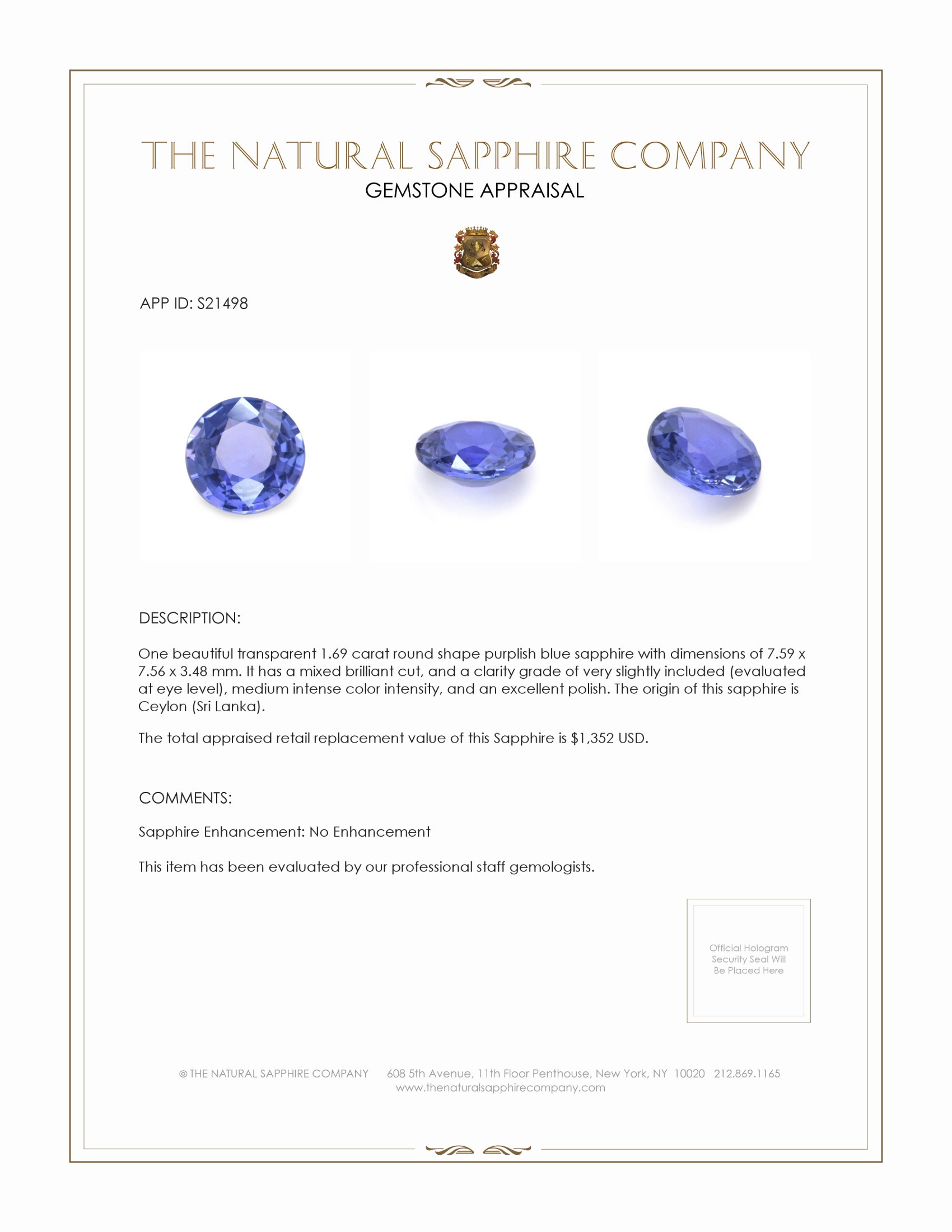 1.69 Ct. Purplish Blue Sapphire from Ceylon (Sri Lanka)