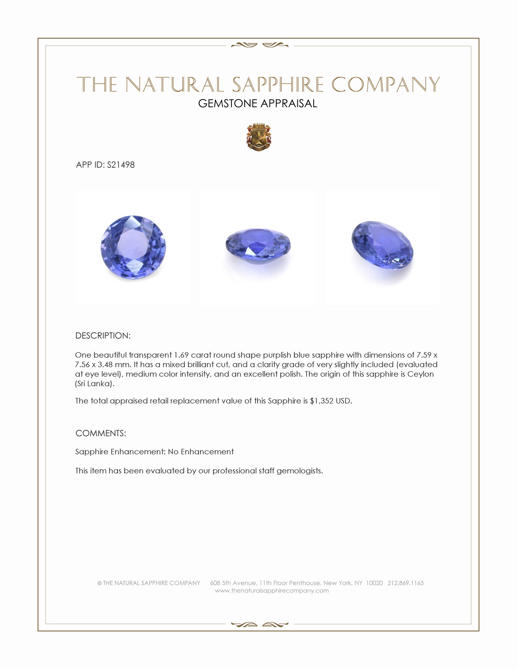 1.69 Ct. Purplish Blue Sapphire from Ceylon (Sri Lanka)
