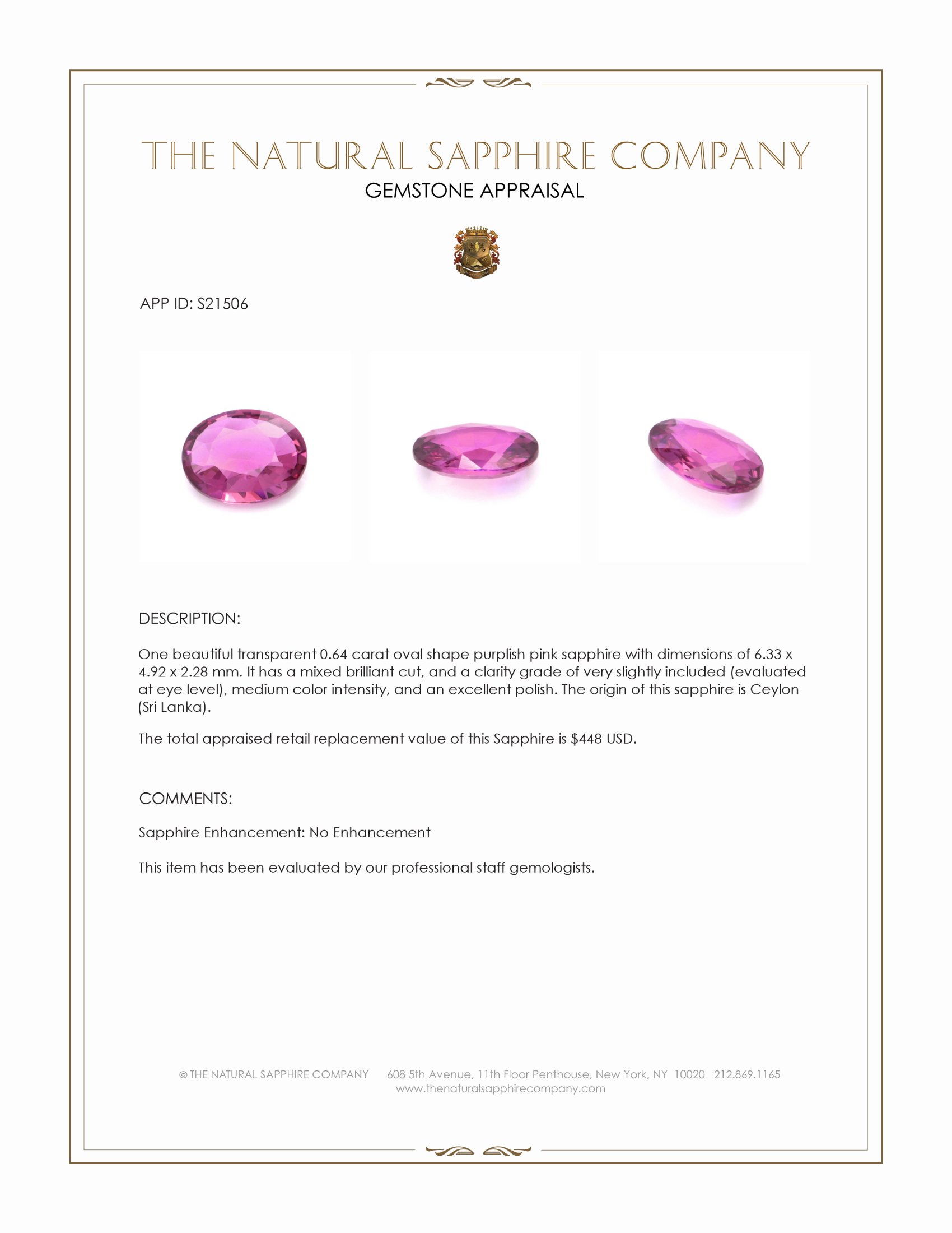 0.64 Ct. Purplish Pink Sapphire from Ceylon (Sri Lanka)