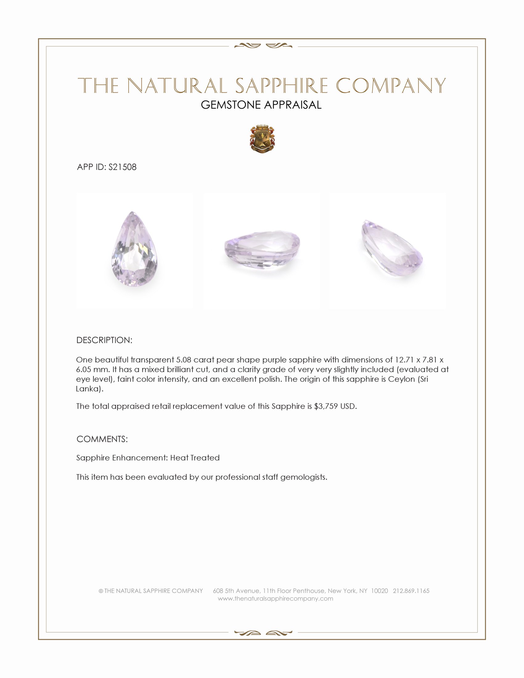 5.08 Ct. Purple Sapphire from Ceylon (Sri Lanka)