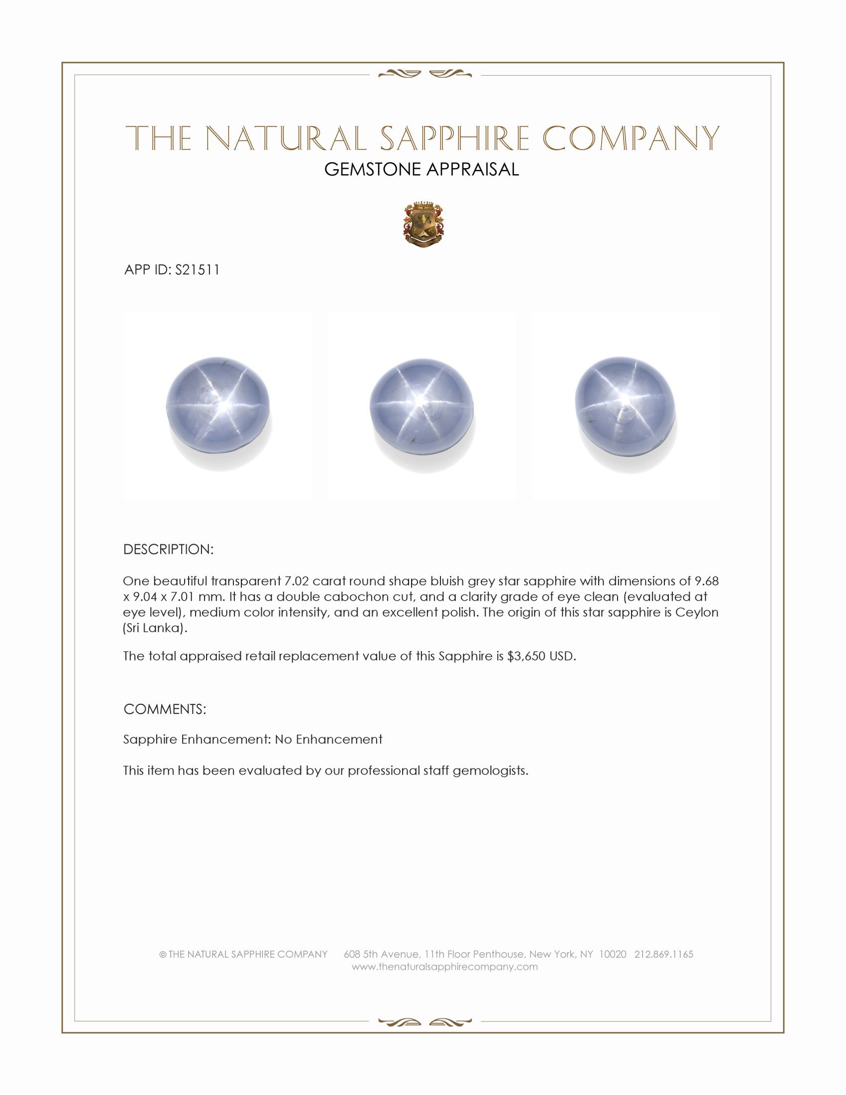 7.02 Ct. Bluish Grey Star Sapphire from Ceylon (Sri Lanka)