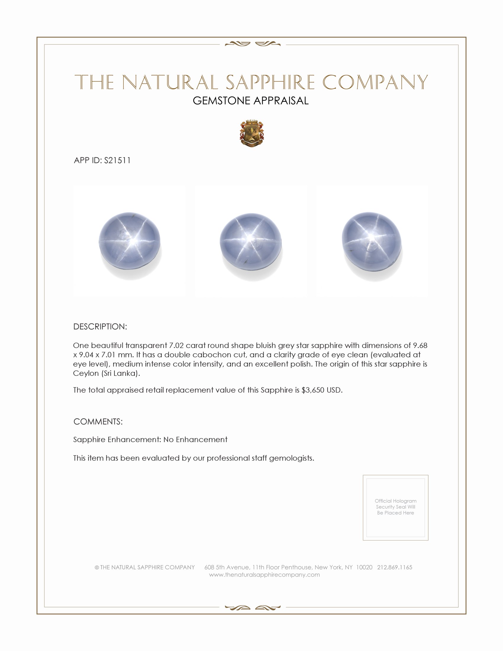 7.02 Ct. Bluish Grey Star Sapphire from Ceylon (Sri Lanka)