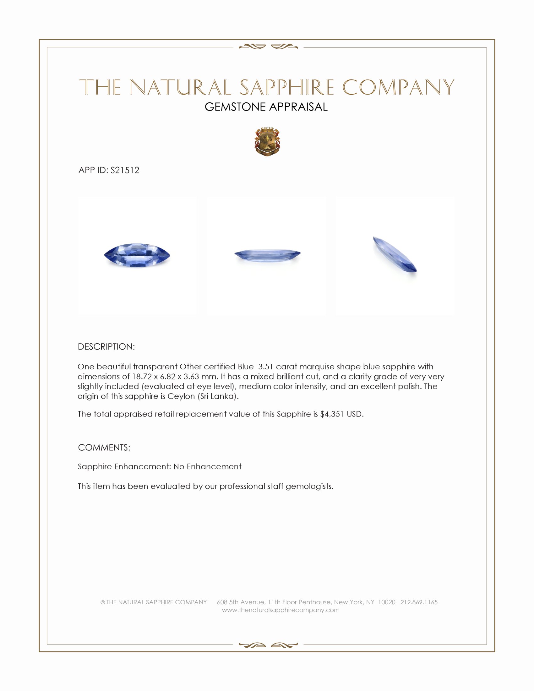 3.51 Ct. Blue Sapphire from Ceylon (Sri Lanka)