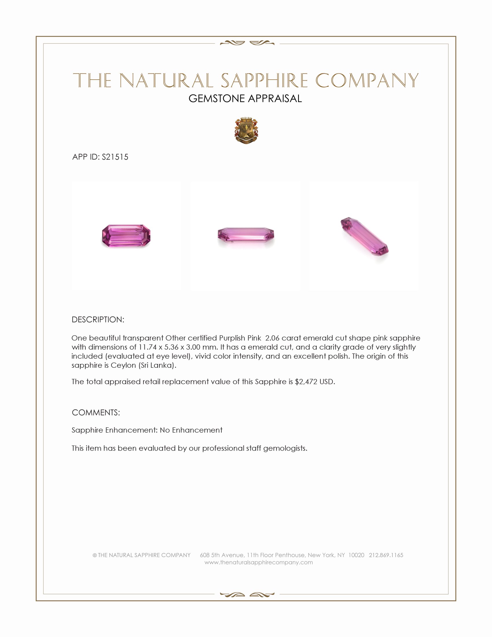 2.06 Ct. Pink Sapphire from Ceylon (Sri Lanka)