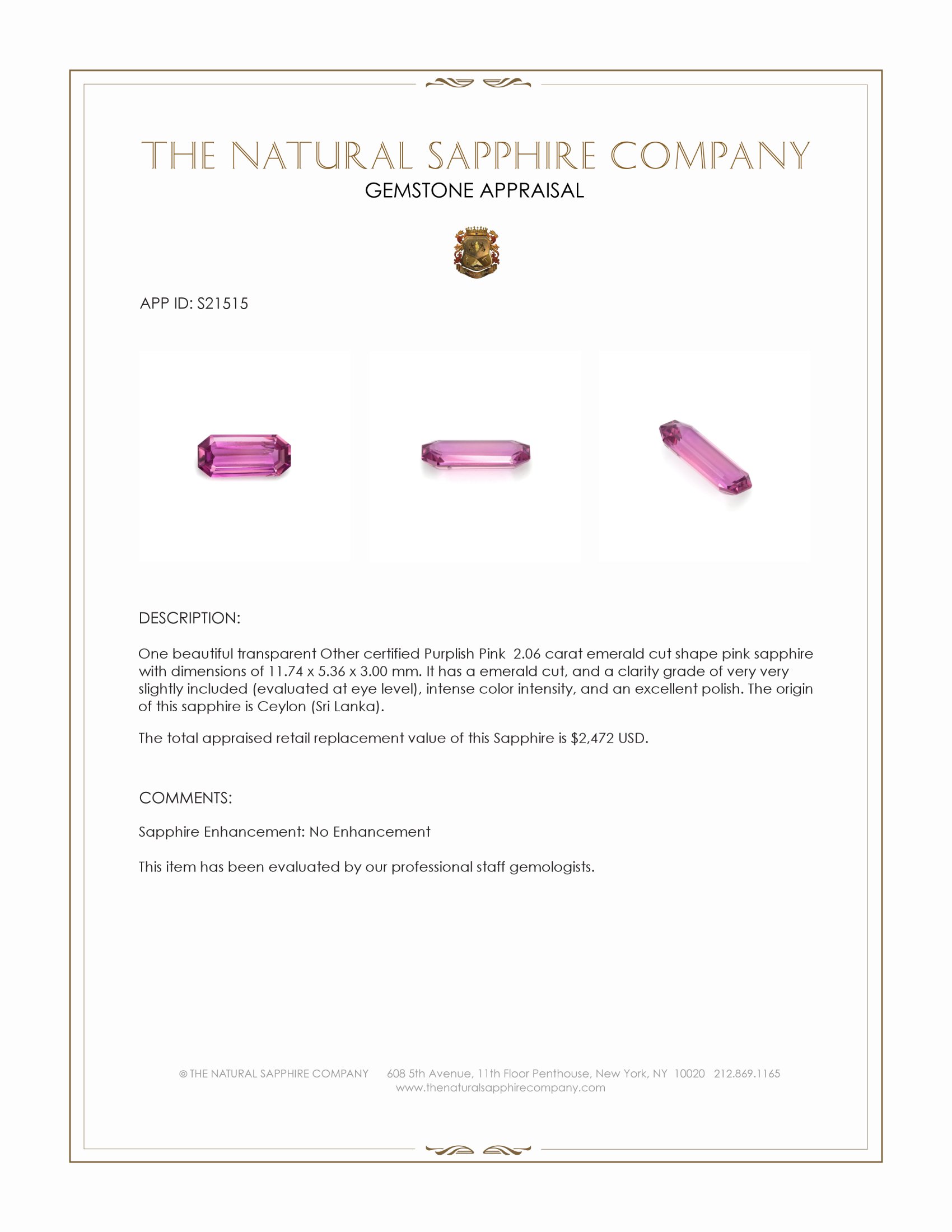 2.06 Ct. Pink Sapphire from Ceylon (Sri Lanka)