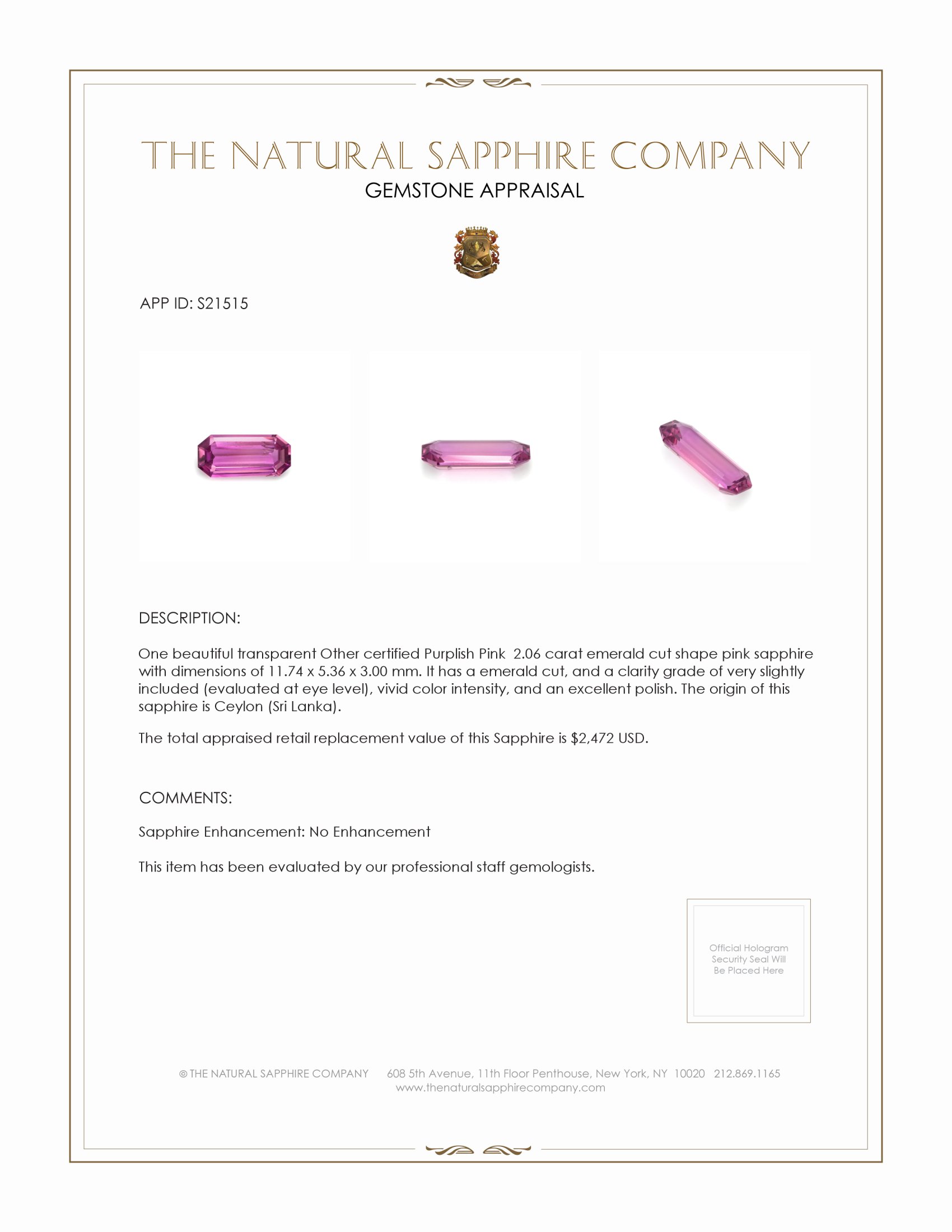 2.06 Ct. Pink Sapphire from Ceylon (Sri Lanka)