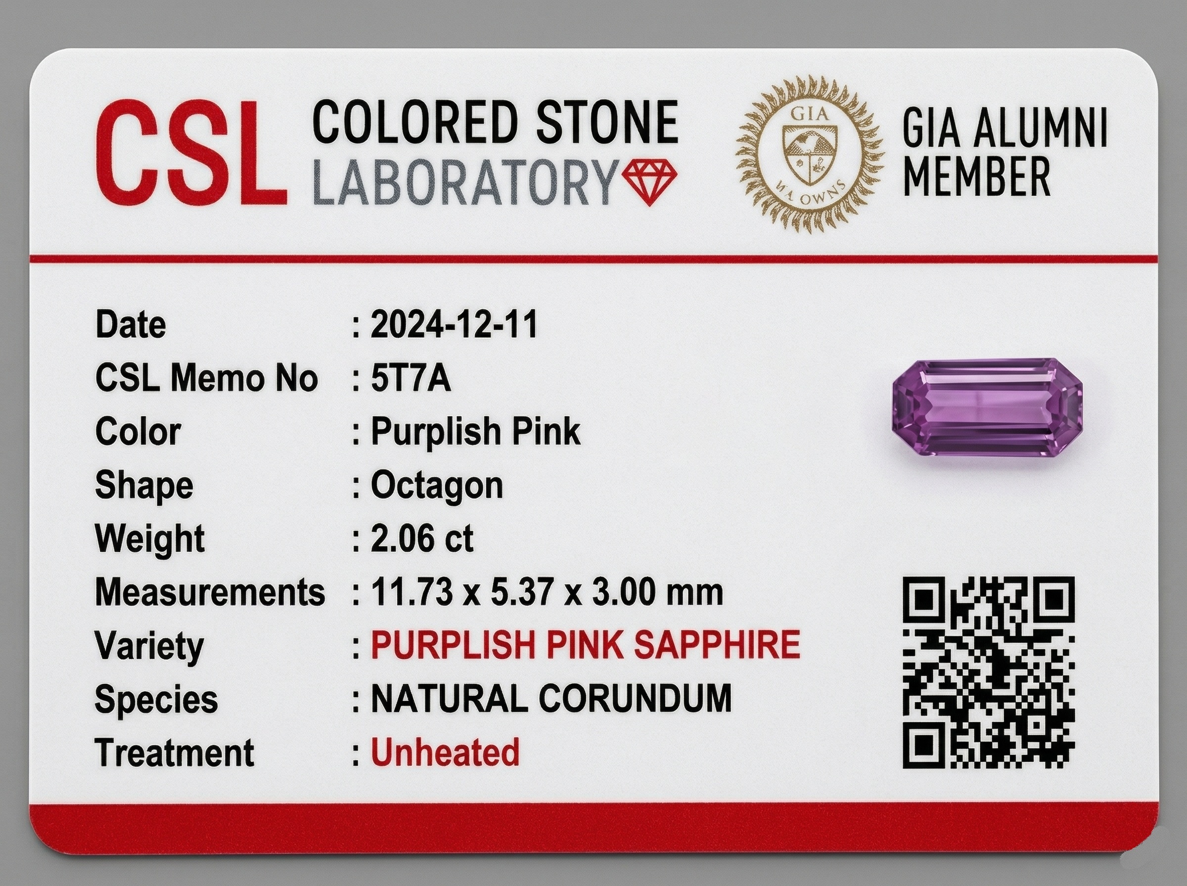 2.06 Ct. Pink Sapphire from Ceylon (Sri Lanka)