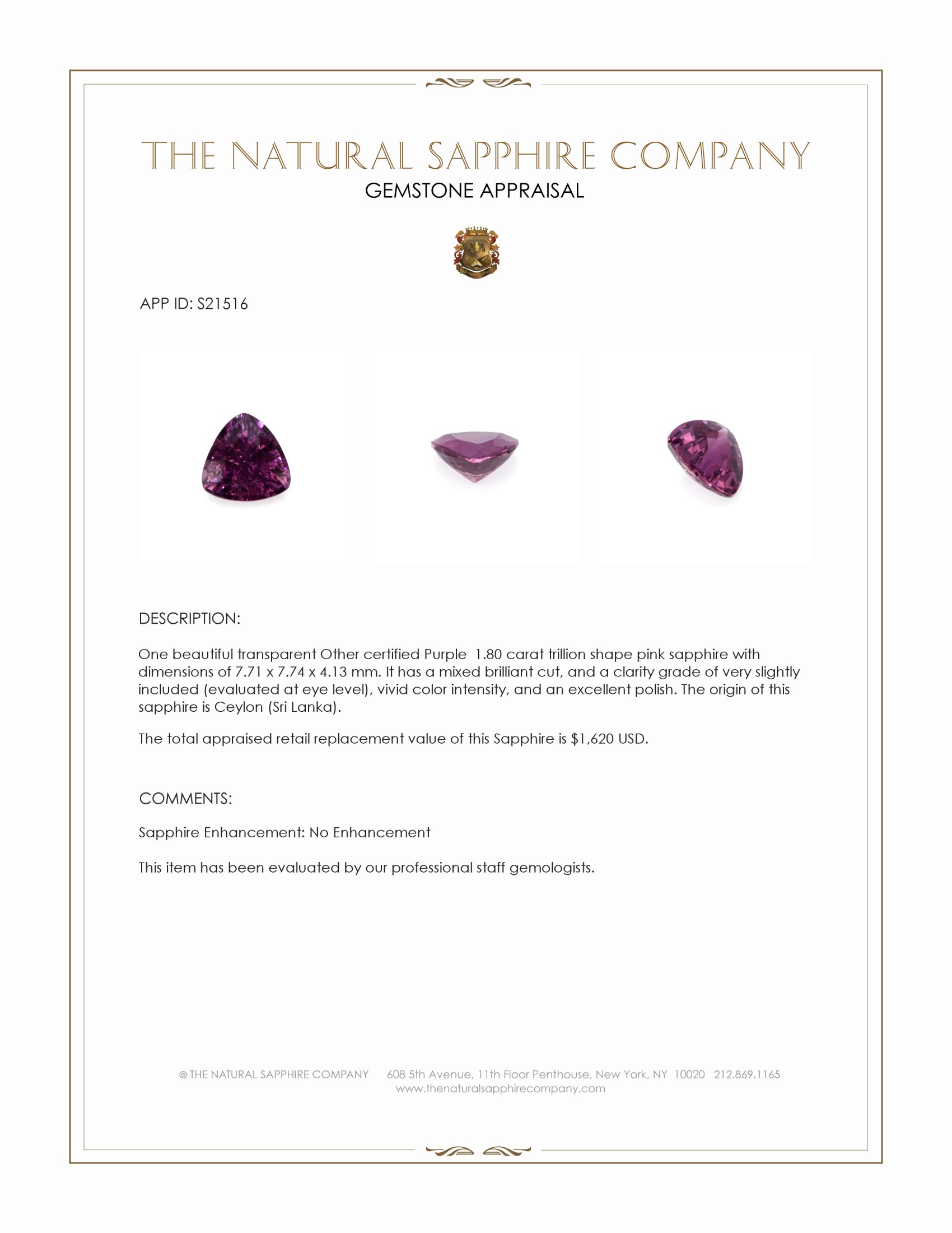 1.80 Ct. Pinkish Purple Sapphire from Ceylon (Sri Lanka)