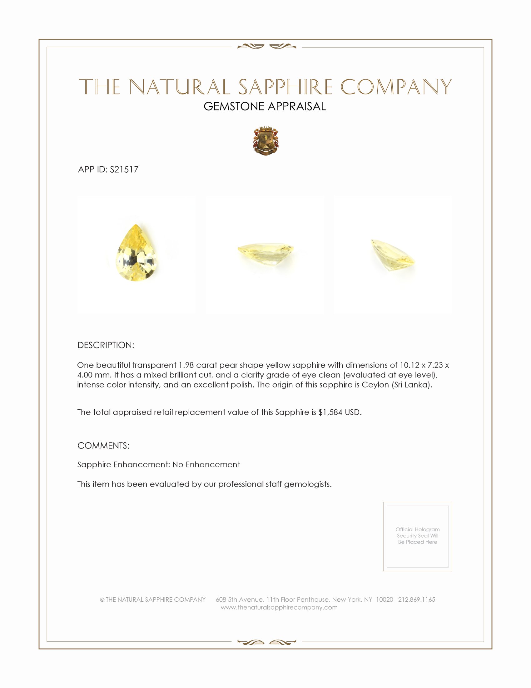 1.98 Ct. Yellow Sapphire from Ceylon (Sri Lanka)