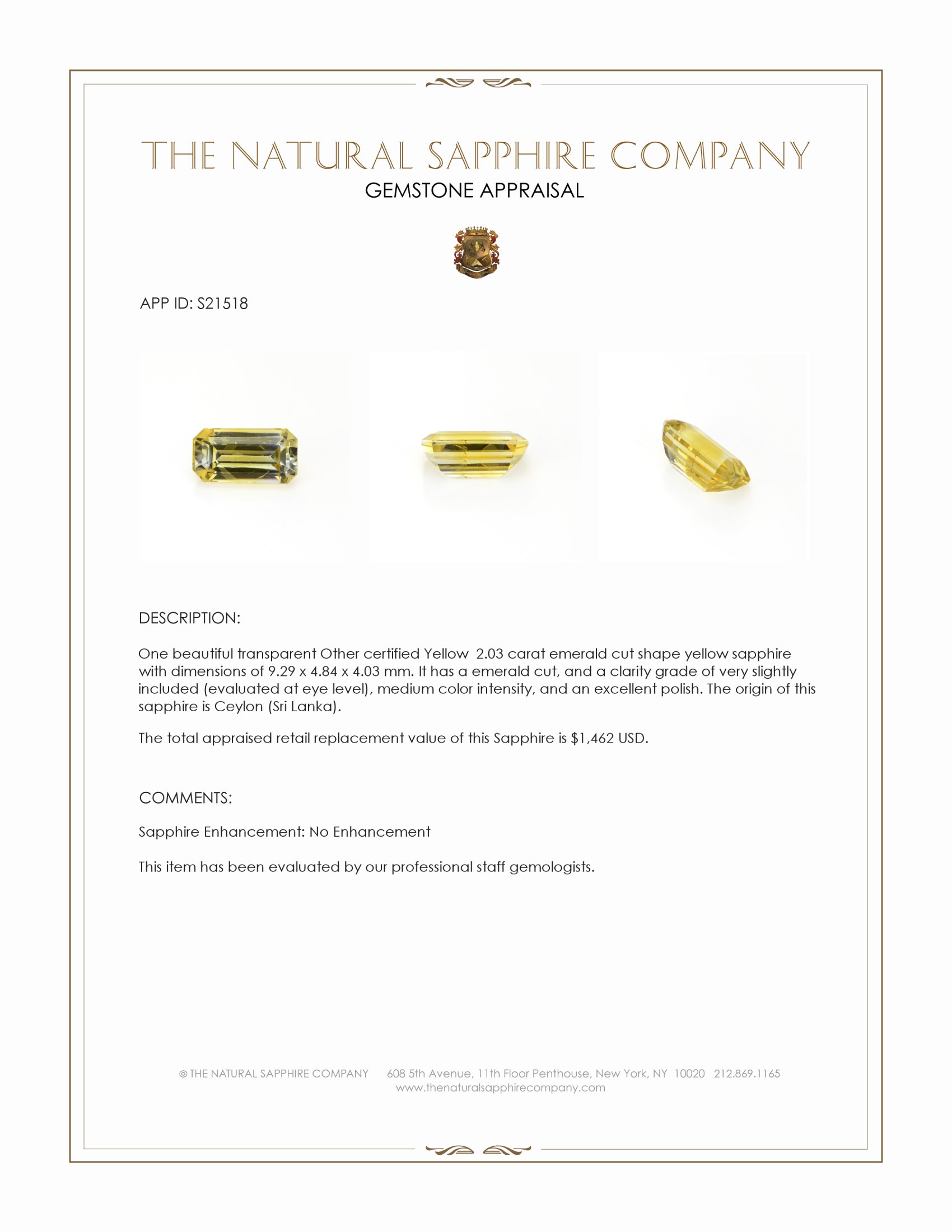 2.03 Ct. Yellow Sapphire from Ceylon (Sri Lanka)