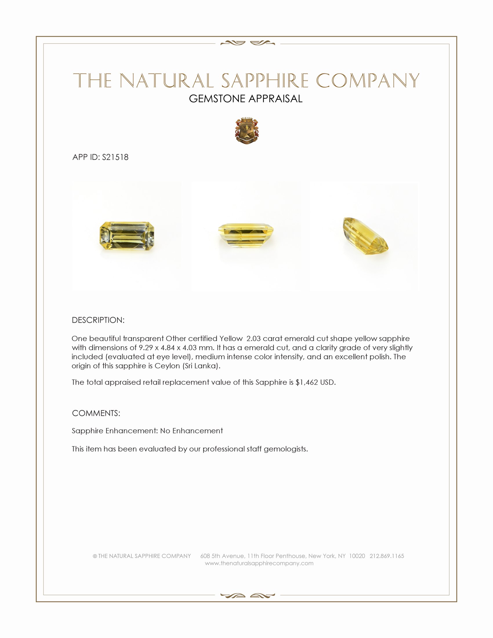 2.03 Ct. Yellow Sapphire from Ceylon (Sri Lanka)