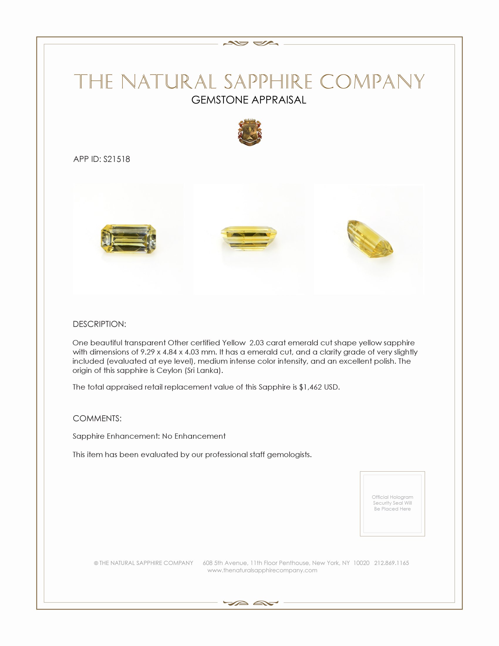 2.03 Ct. Yellow Sapphire from Ceylon (Sri Lanka)