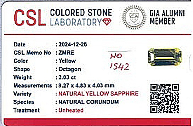 2.03 Ct. Yellow Sapphire from Ceylon (Sri Lanka)