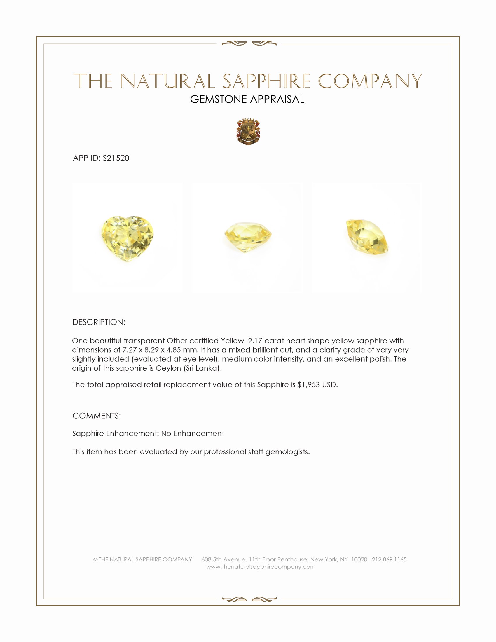 2.17 Ct. Yellow Sapphire from Ceylon (Sri Lanka)