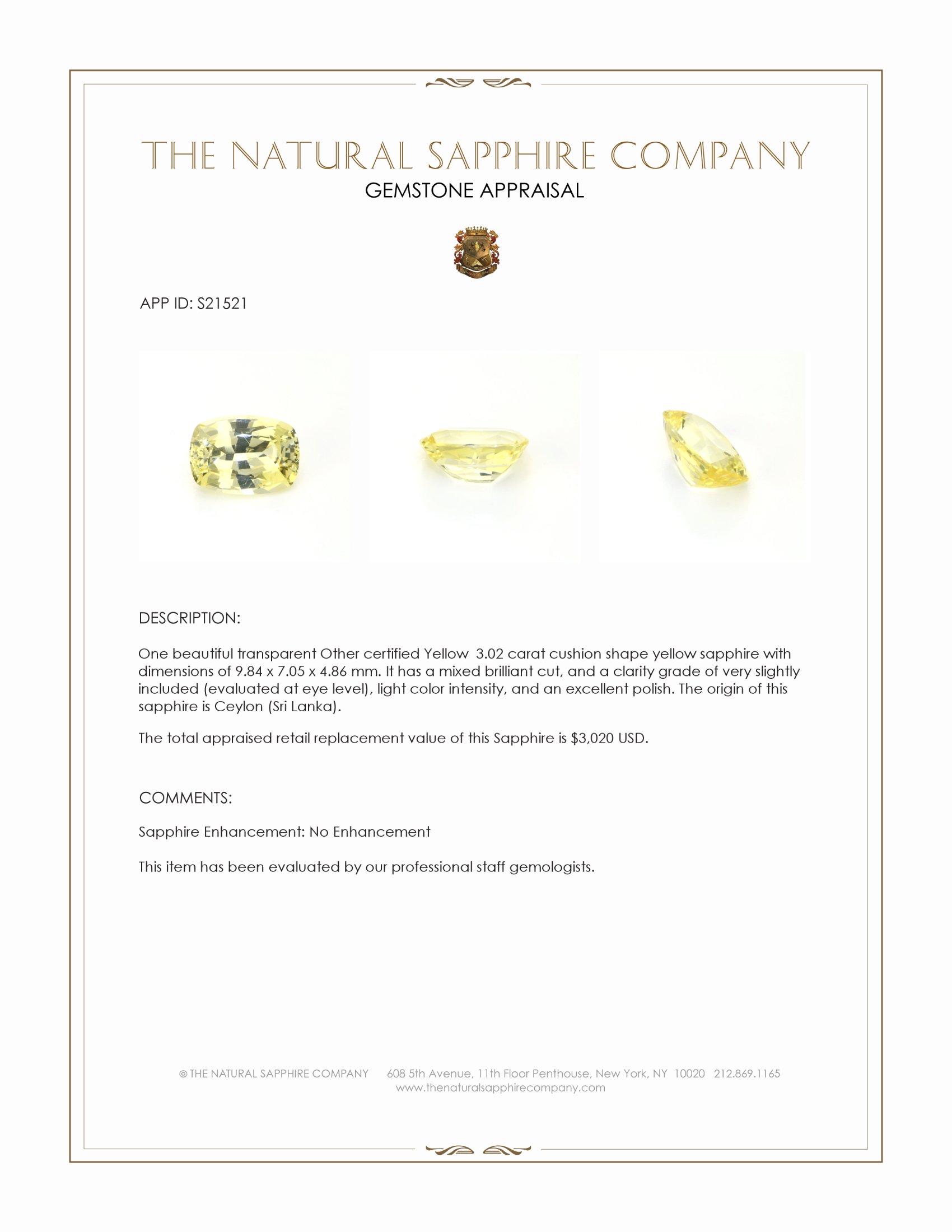 3.02 Ct. Yellow Sapphire from Ceylon (Sri Lanka)