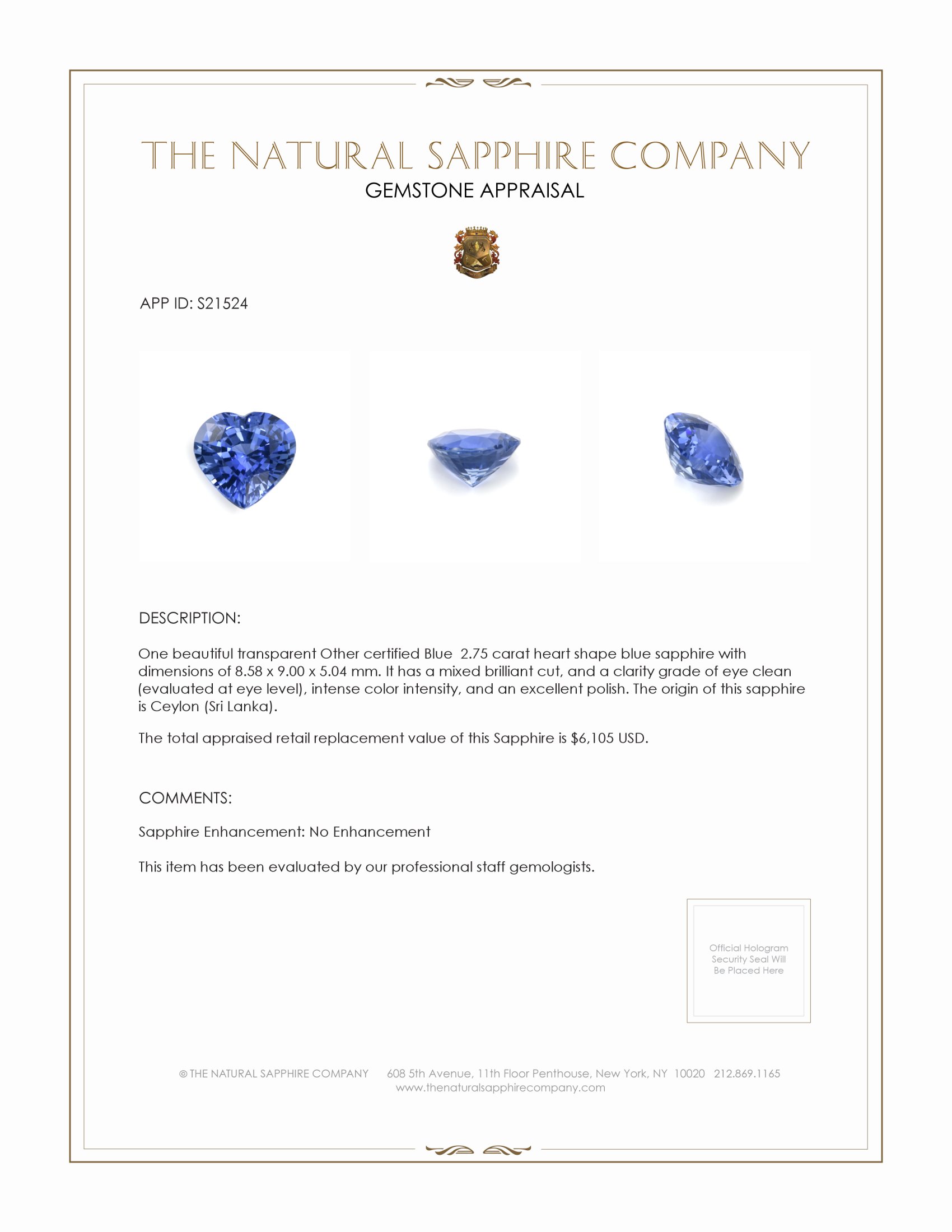 2.75 Ct. Blue Sapphire from Ceylon (Sri Lanka)