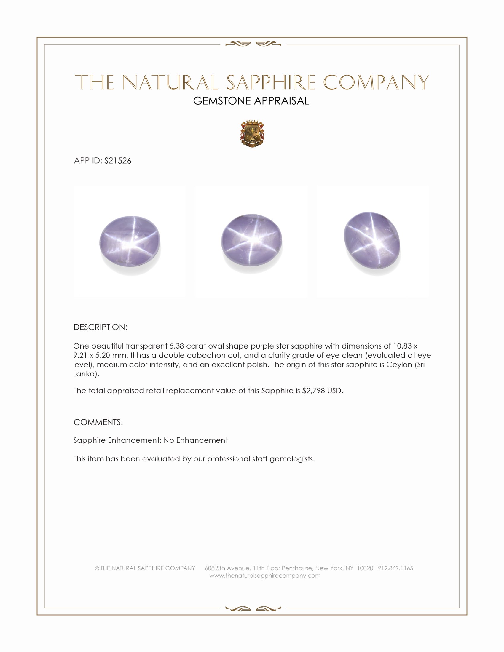 5.38 Ct. Purple Star Sapphire from Ceylon (Sri Lanka)