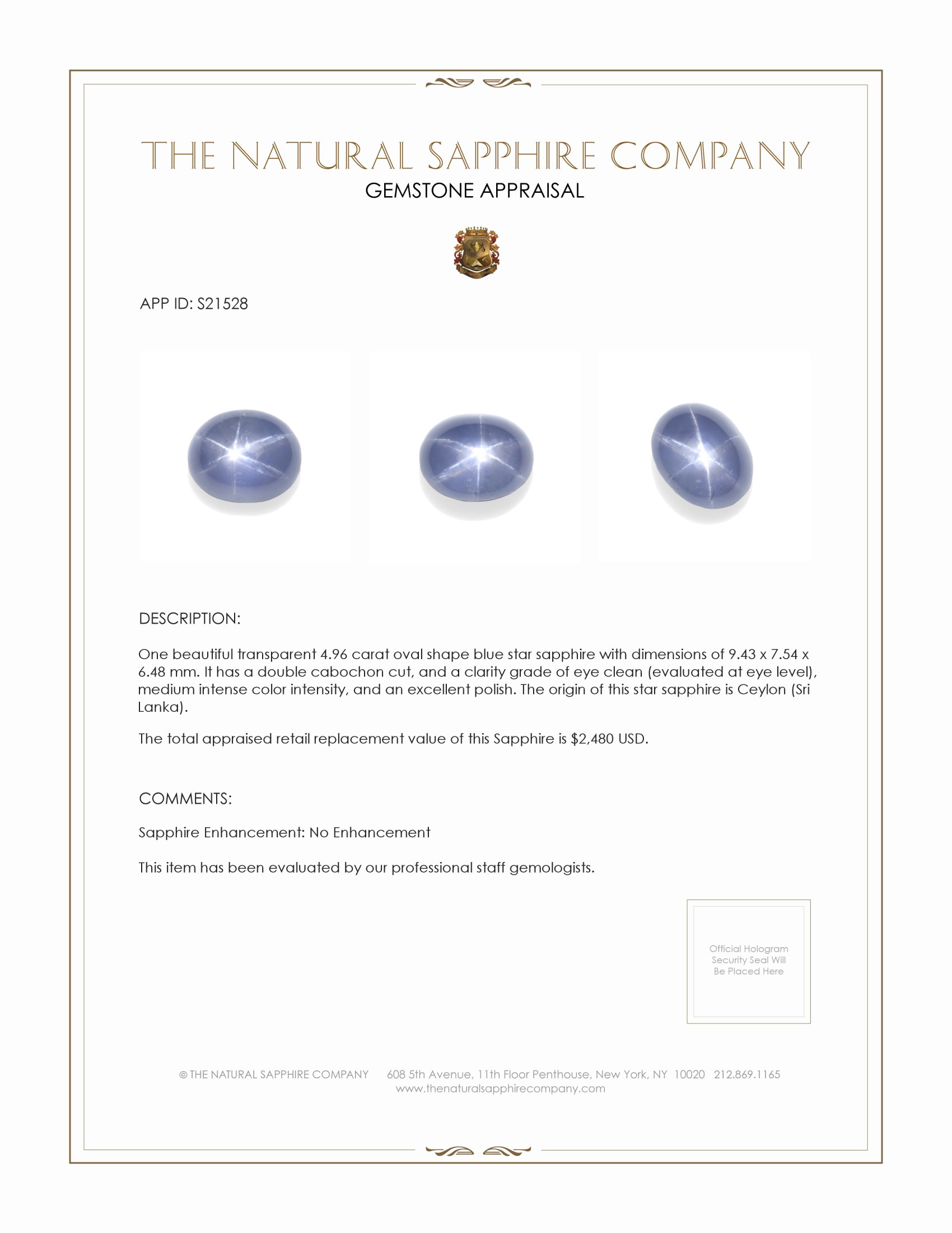 4.96 Ct. Blue Star Sapphire from Ceylon (Sri Lanka)