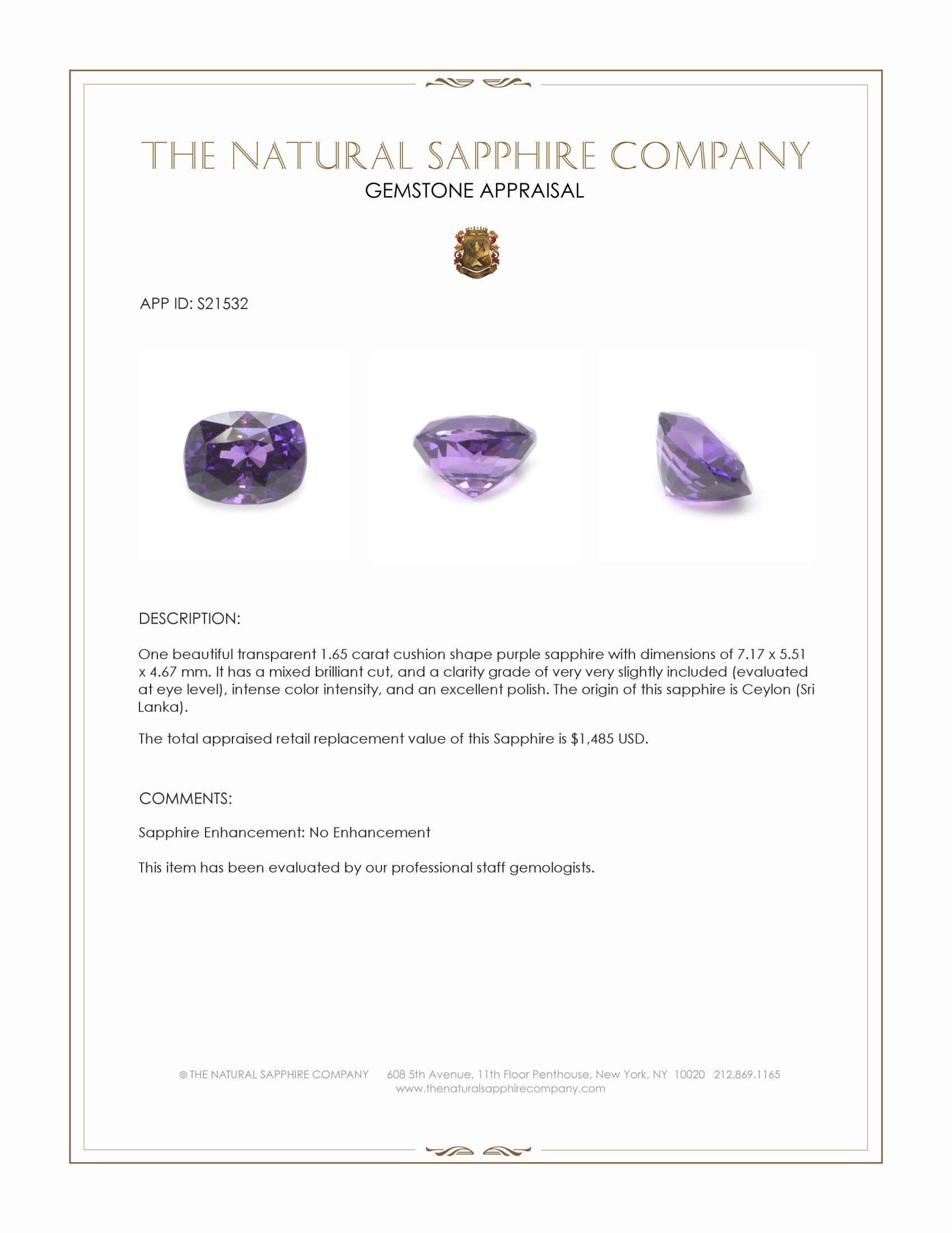 1.65 Ct. Purple Sapphire from Ceylon (Sri Lanka)