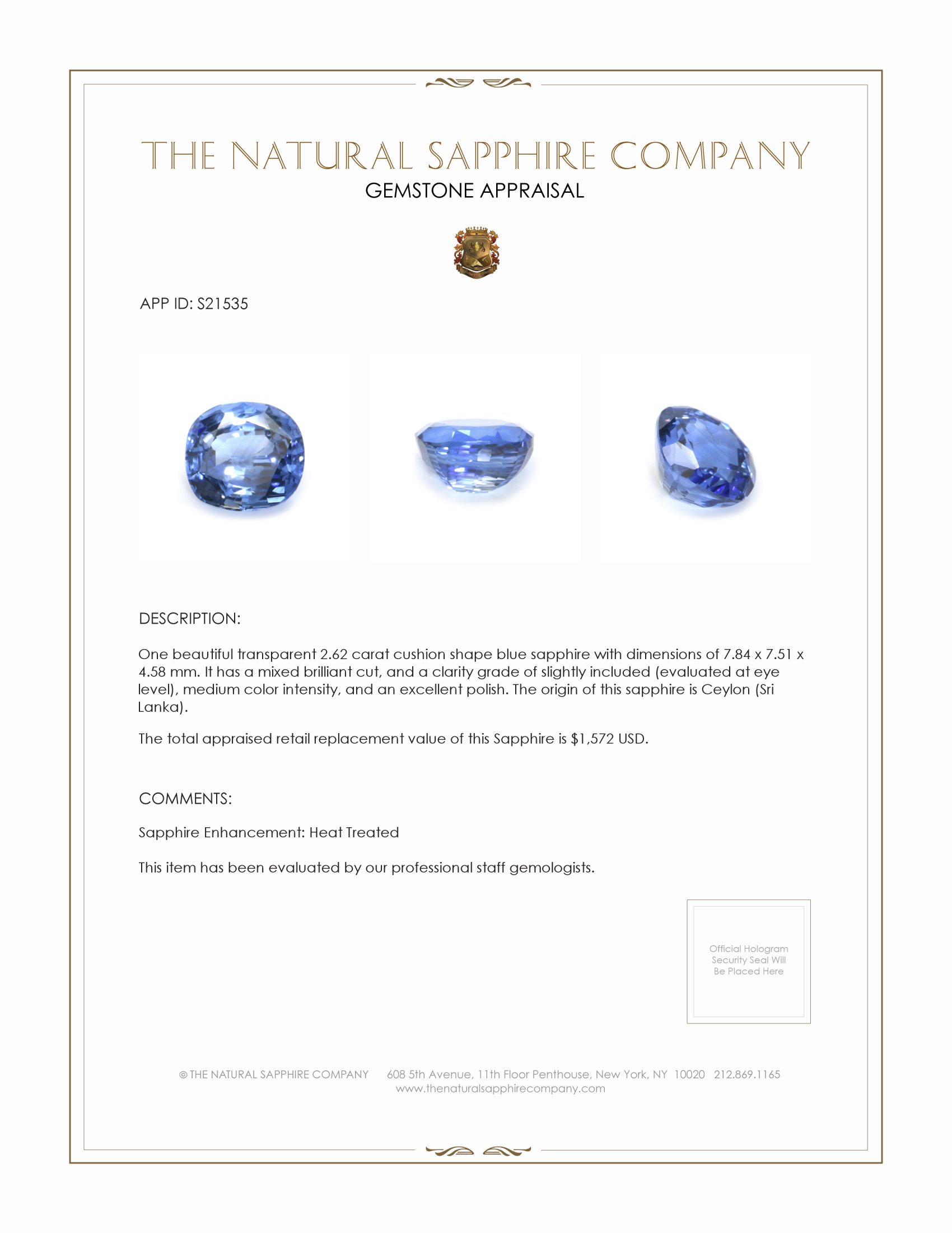 2.62 Ct. Blue Sapphire from Ceylon (Sri Lanka)