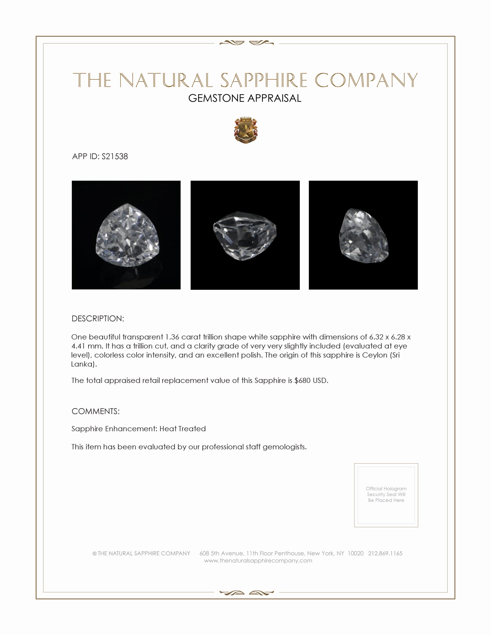 1.36 Ct. White Sapphire from Ceylon (Sri Lanka)