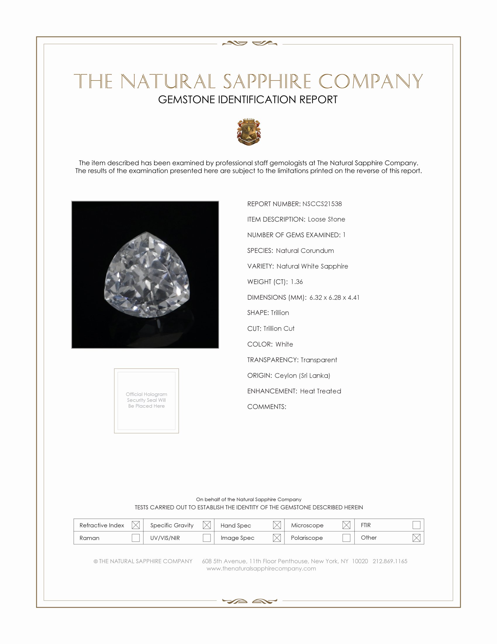 1.36 Ct. White Sapphire from Ceylon (Sri Lanka)