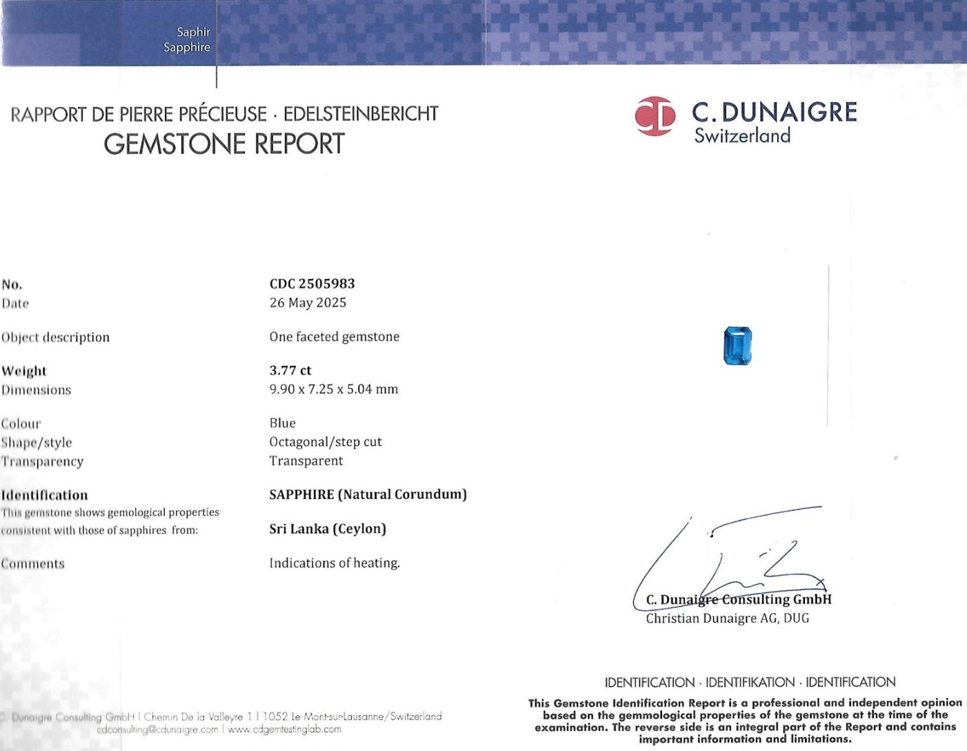 3.77 Ct. Blue Sapphire from Ceylon (Sri Lanka)