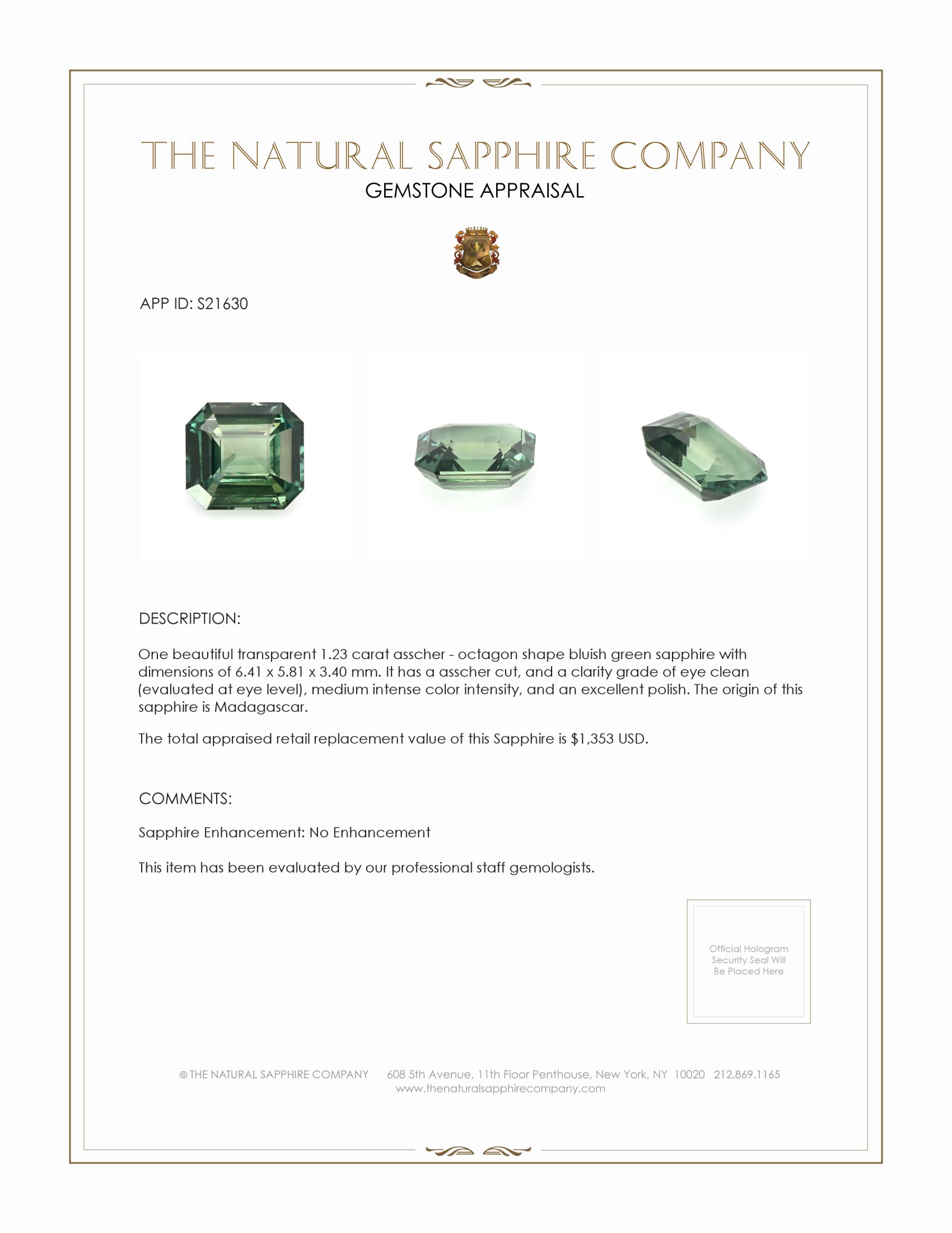 1.23 Ct. Bluish Green Sapphire from Madagascar