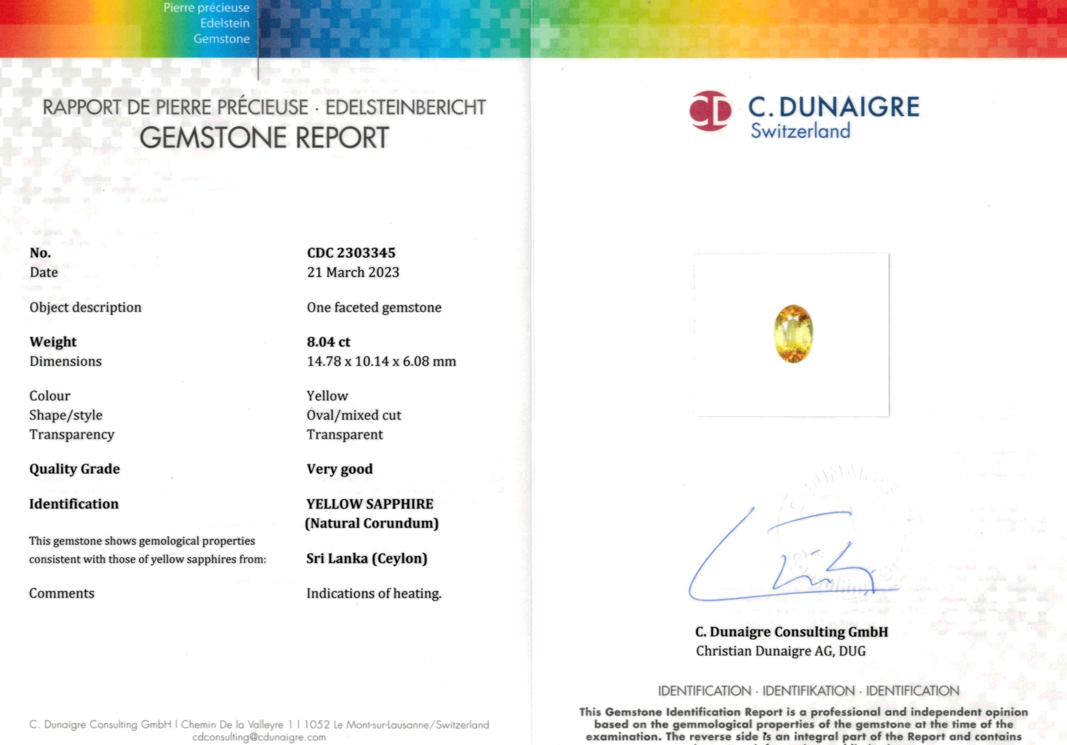 8.04 Ct. Yellow Sapphire from Ceylon (Sri Lanka)
