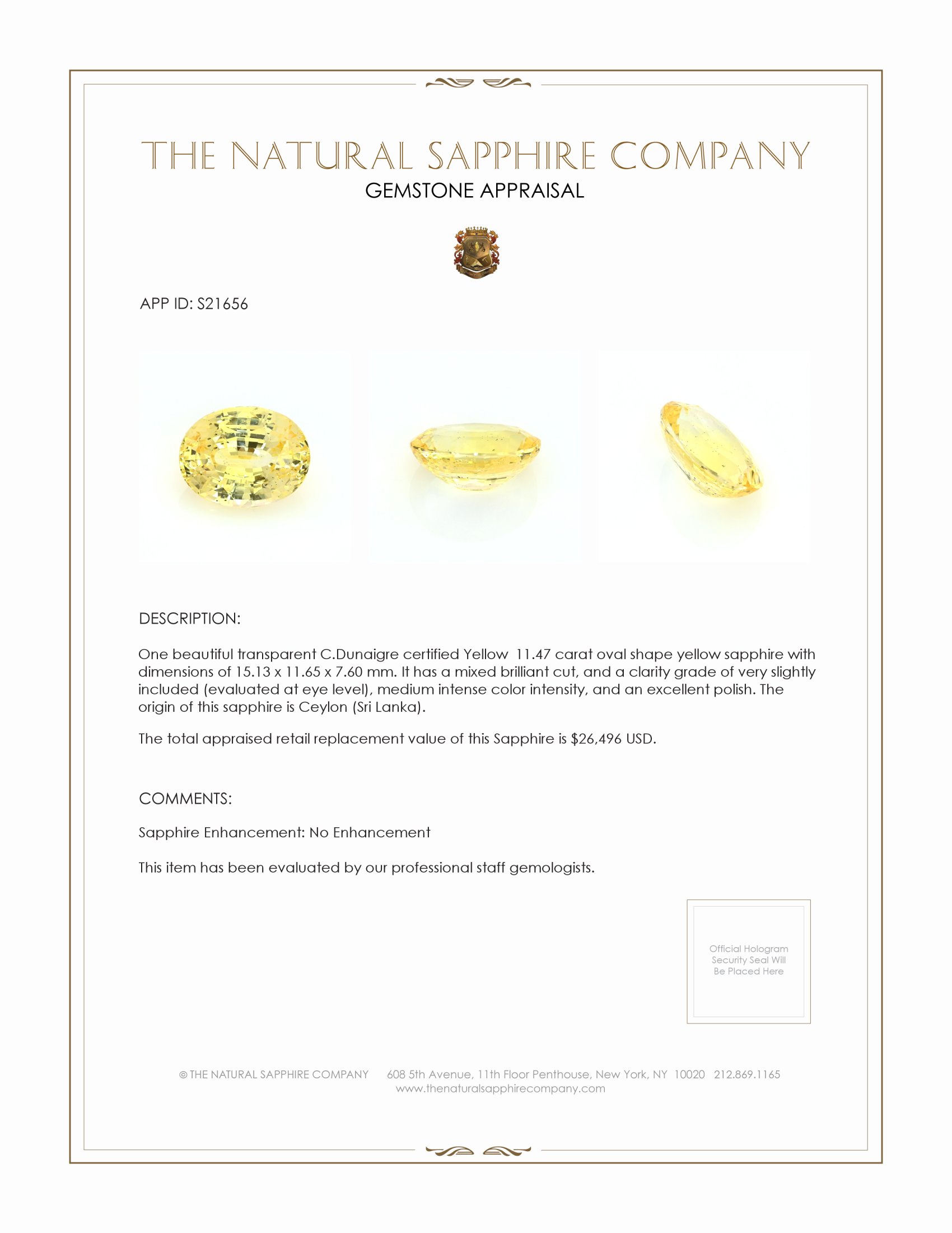 11.47 Ct. Yellow Sapphire from Ceylon (Sri Lanka)