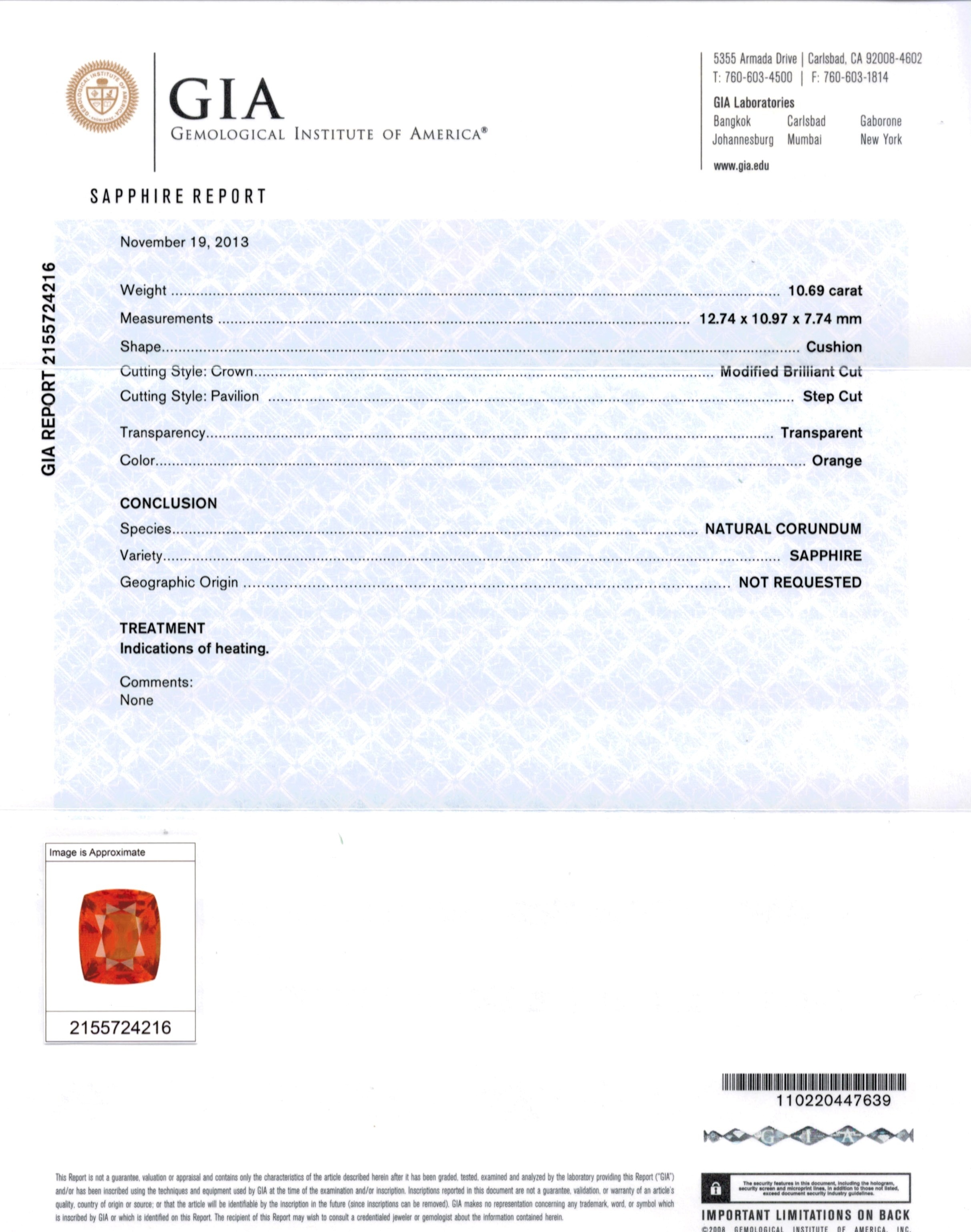 10.69 Ct. Orange Sapphire from Ceylon (Sri Lanka)