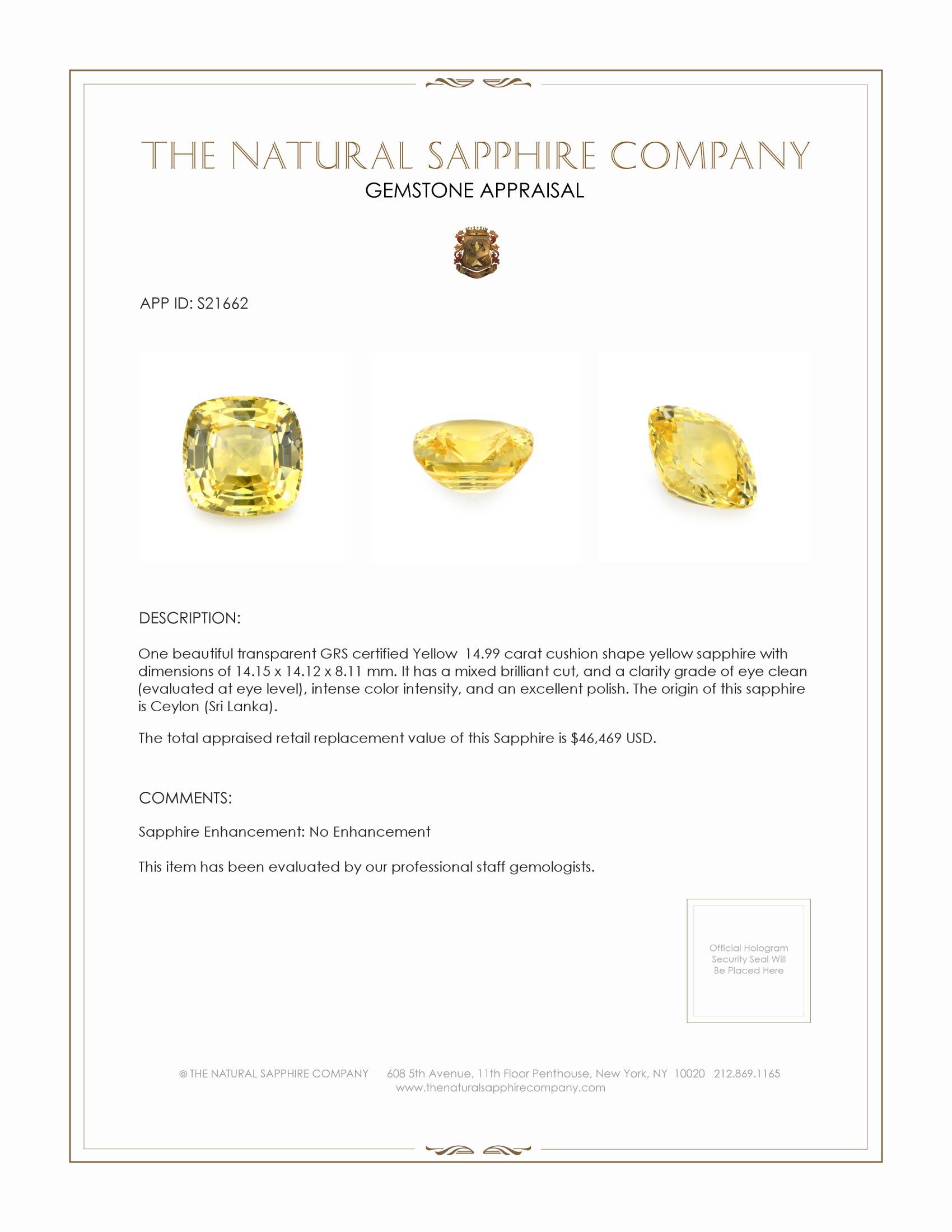 14.99 Ct. Yellow Sapphire from Ceylon (Sri Lanka)