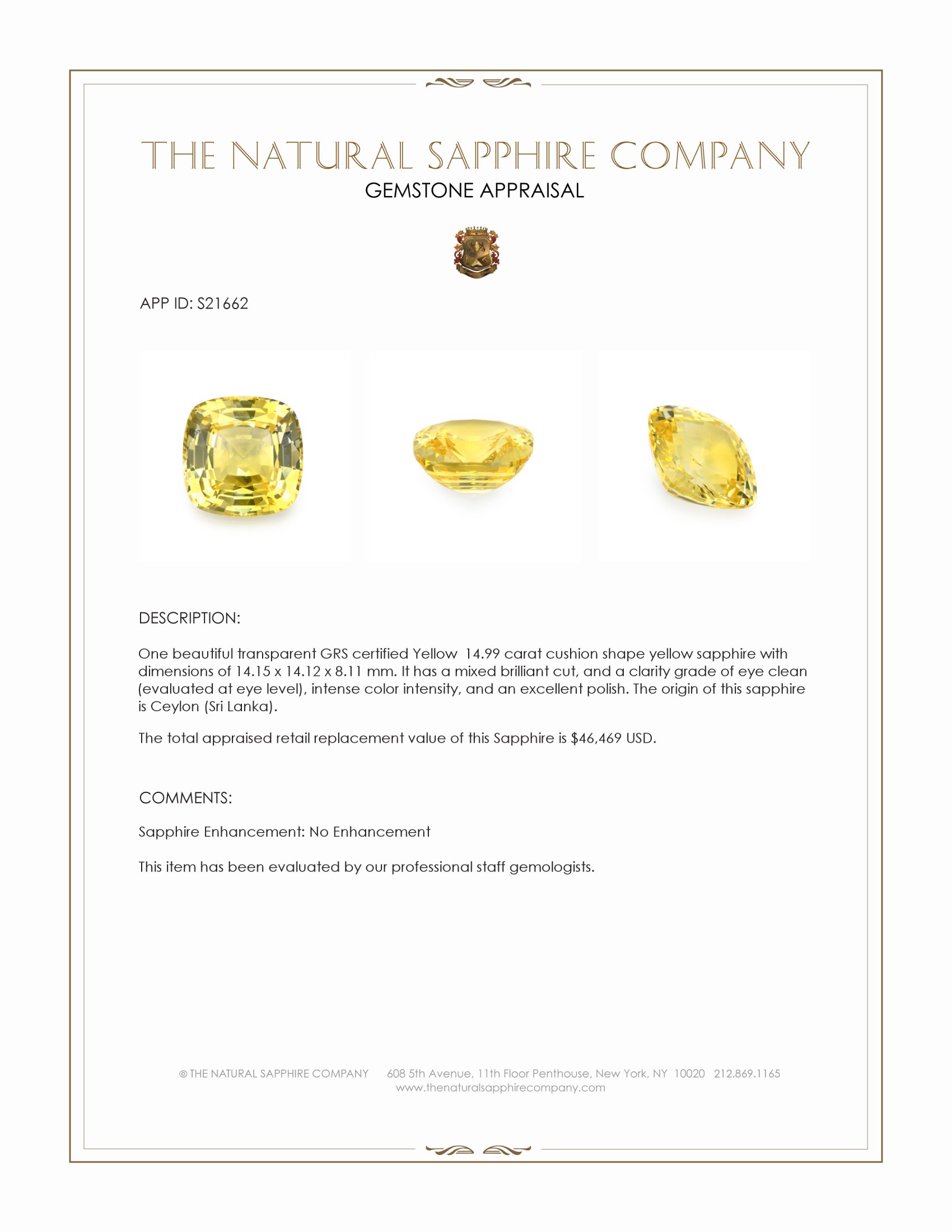 14.99 Ct. Yellow Sapphire from Ceylon (Sri Lanka)