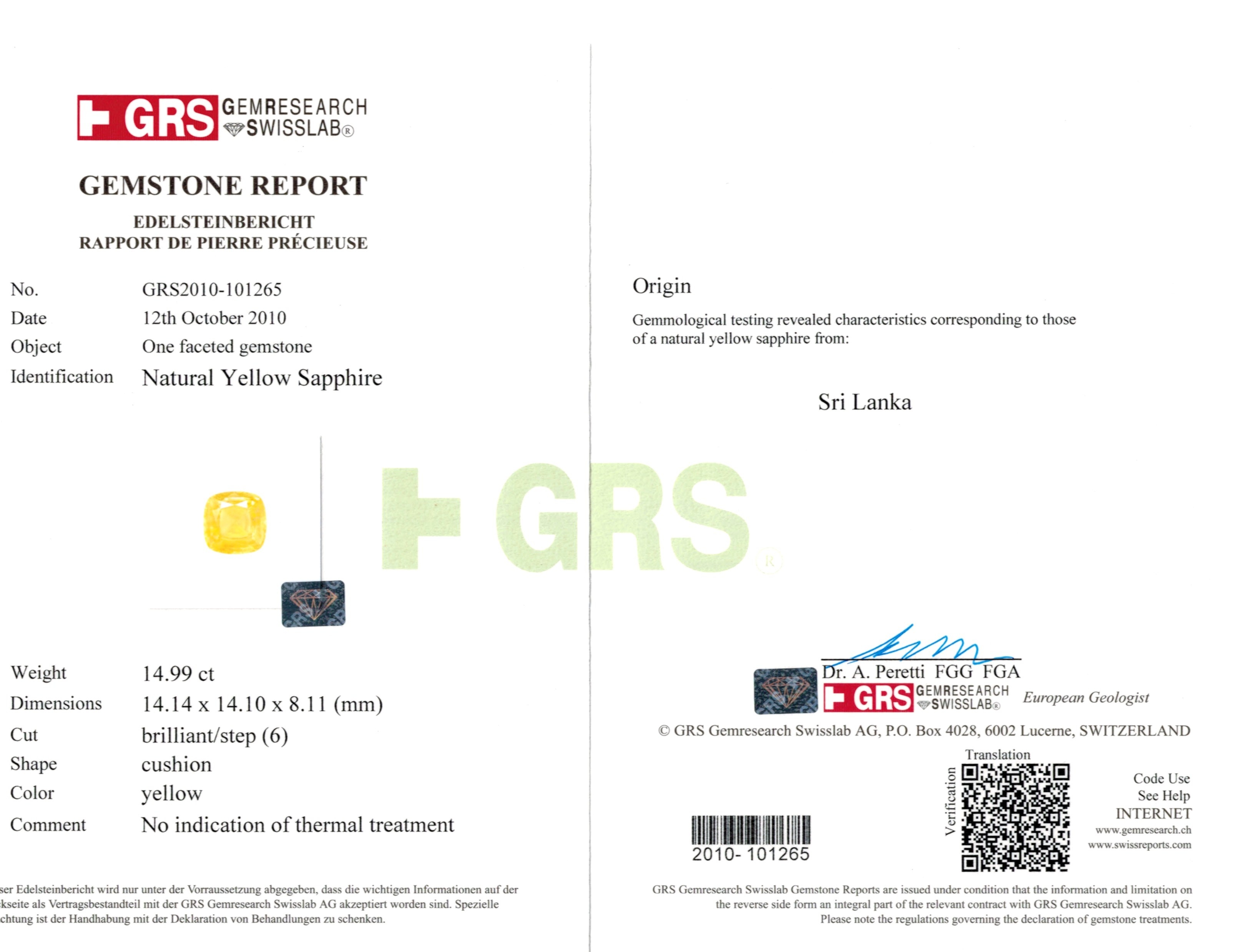 14.99 Ct. Yellow Sapphire from Ceylon (Sri Lanka)