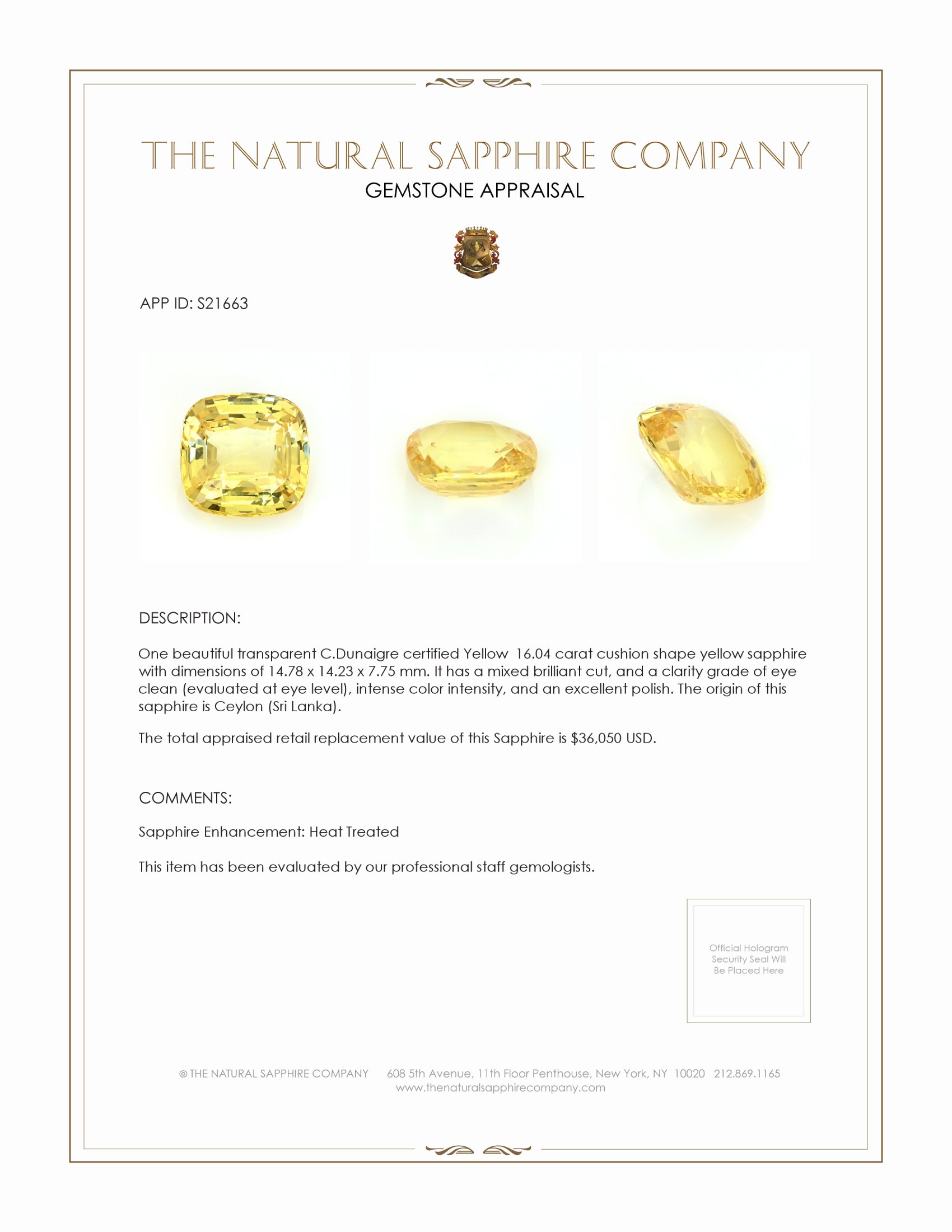 16.04 Ct. Yellow Sapphire from Ceylon (Sri Lanka)