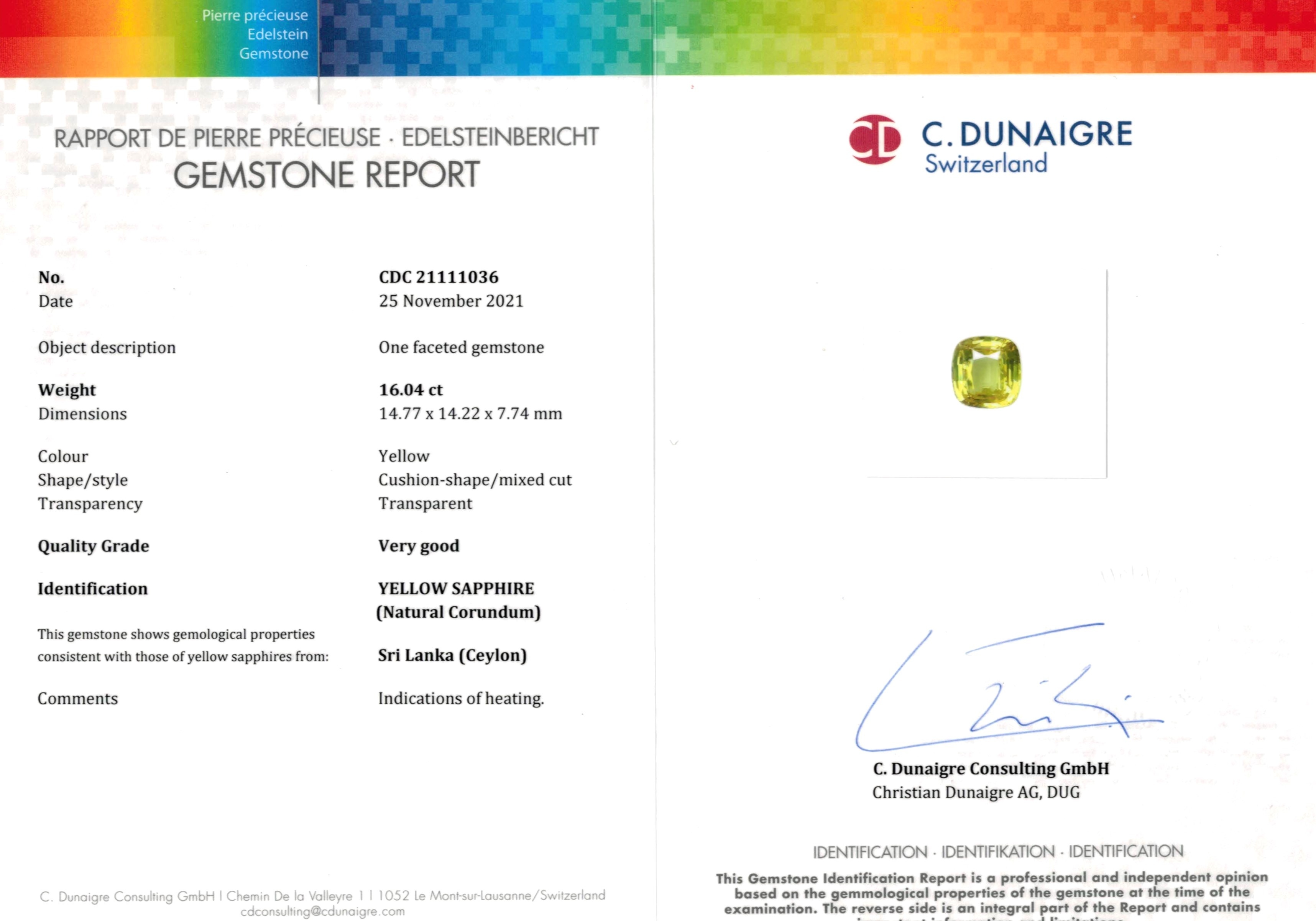 16.04 Ct. Yellow Sapphire from Ceylon (Sri Lanka)