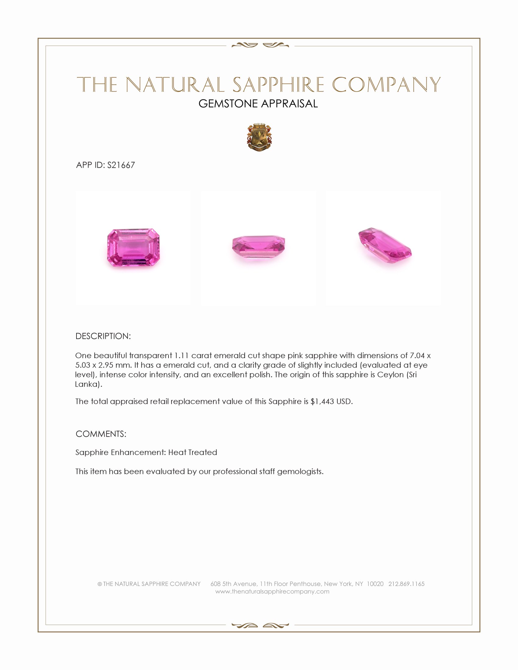 1.11 Ct. Pink Sapphire from Ceylon (Sri Lanka)
