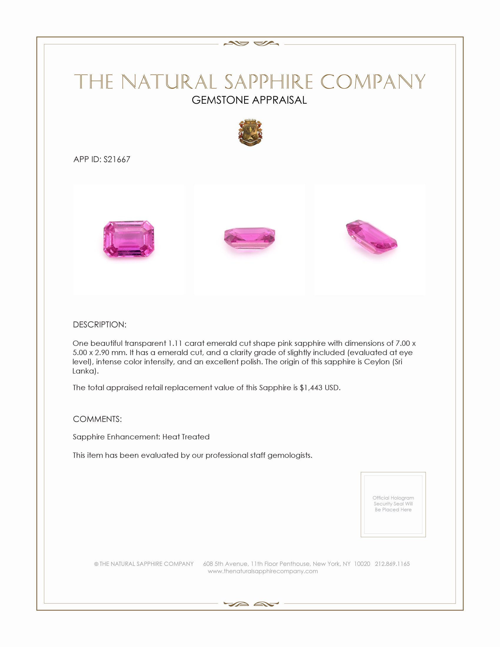 1.11 Ct. Pink Sapphire from Ceylon (Sri Lanka)