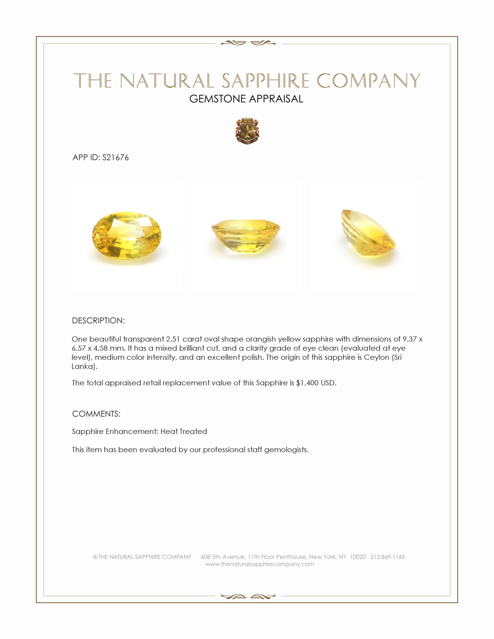 2.51 Ct. Orangish Yellow Sapphire from Ceylon (Sri Lanka)