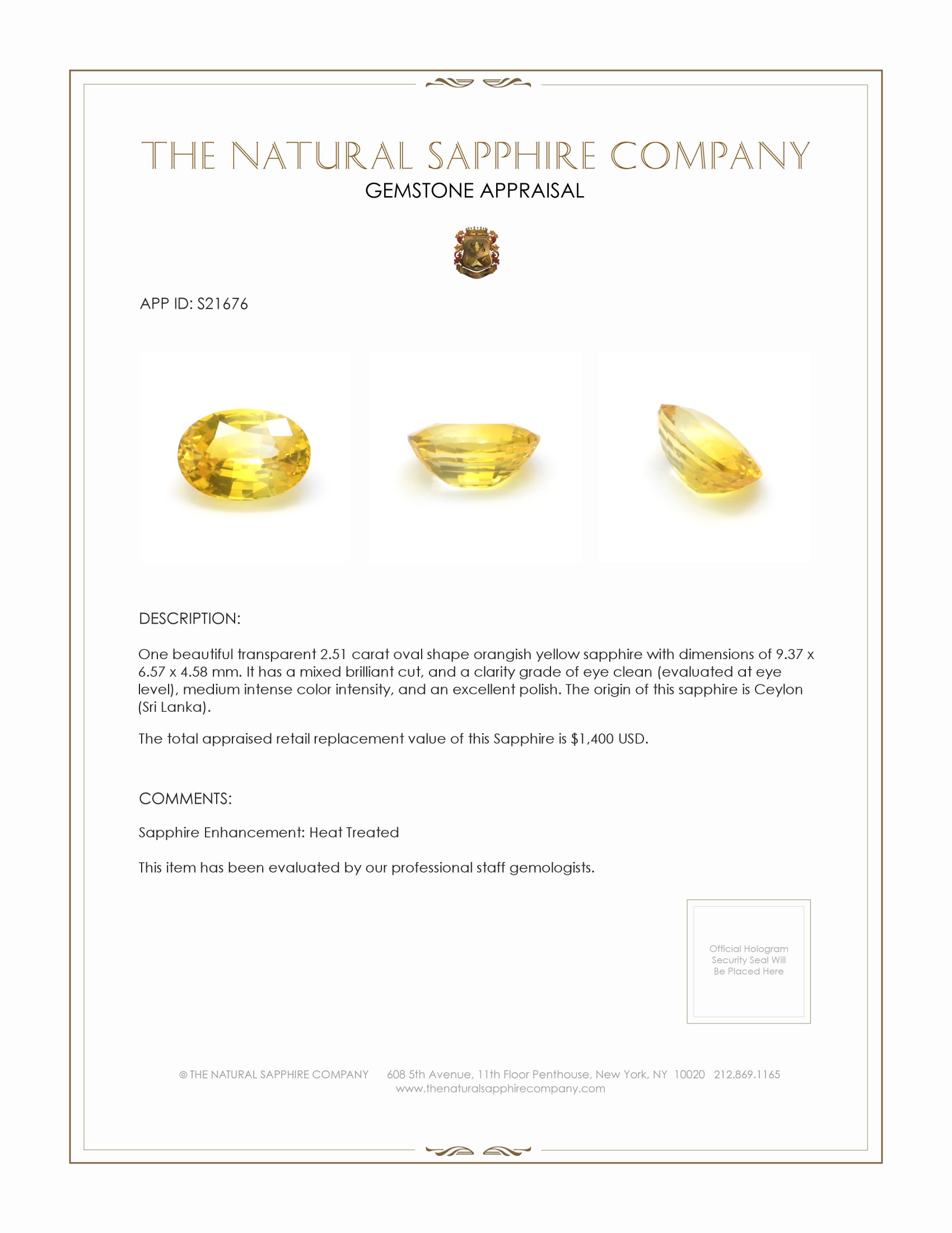 2.51 Ct. Orangish Yellow Sapphire from Ceylon (Sri Lanka)